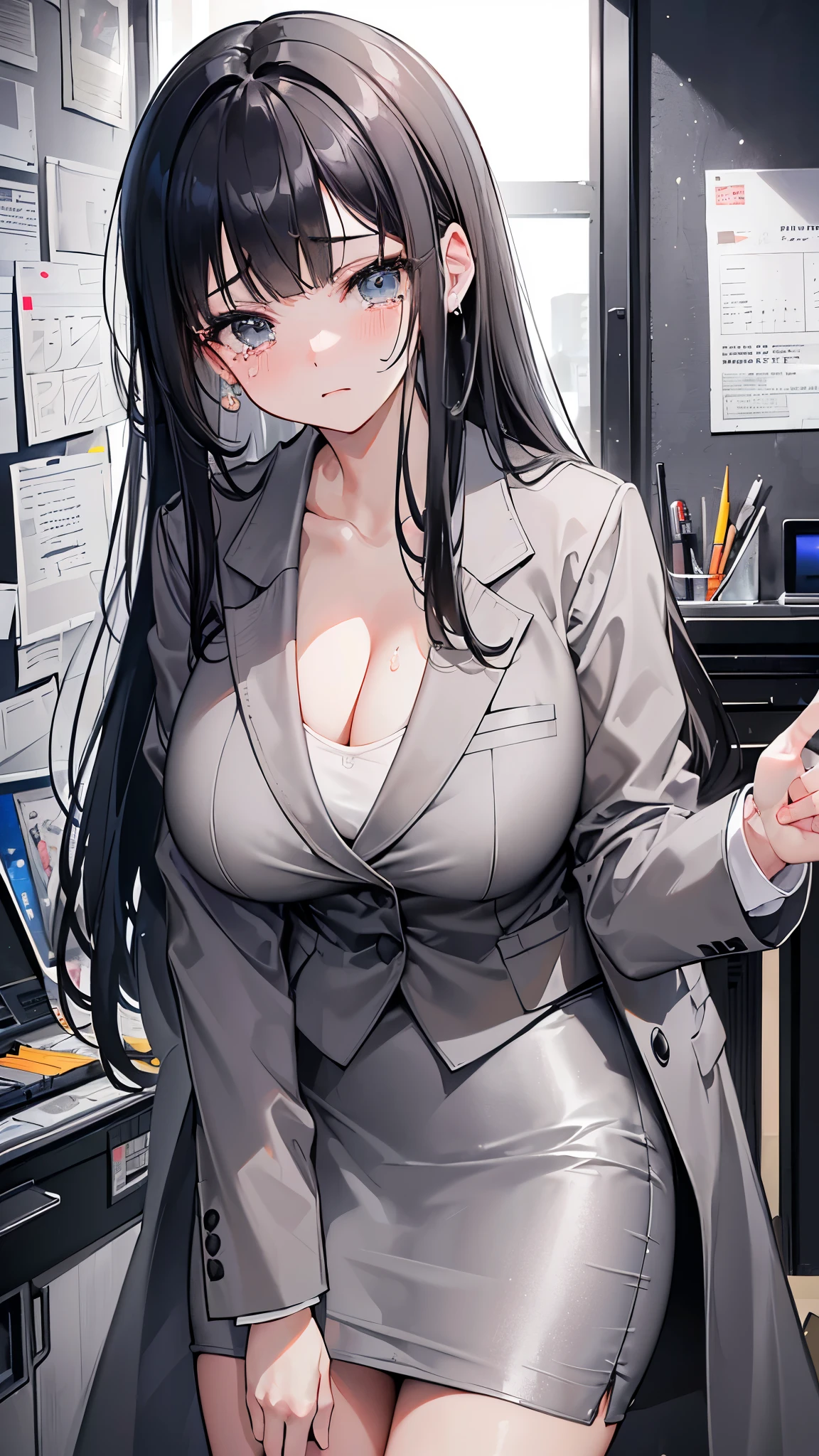 (8K、Highest image quality、highest quality、masterpiece)、detailed face、 1 girl、black hair、long hair、blunt bangs、blush、((tears))、((very big breasts))、((gray suit jacket:1.2))、(white t-shirt))、cleavage、((gray pencil skirt:1.2))、cowboy shot、office、((dark room:1.2))