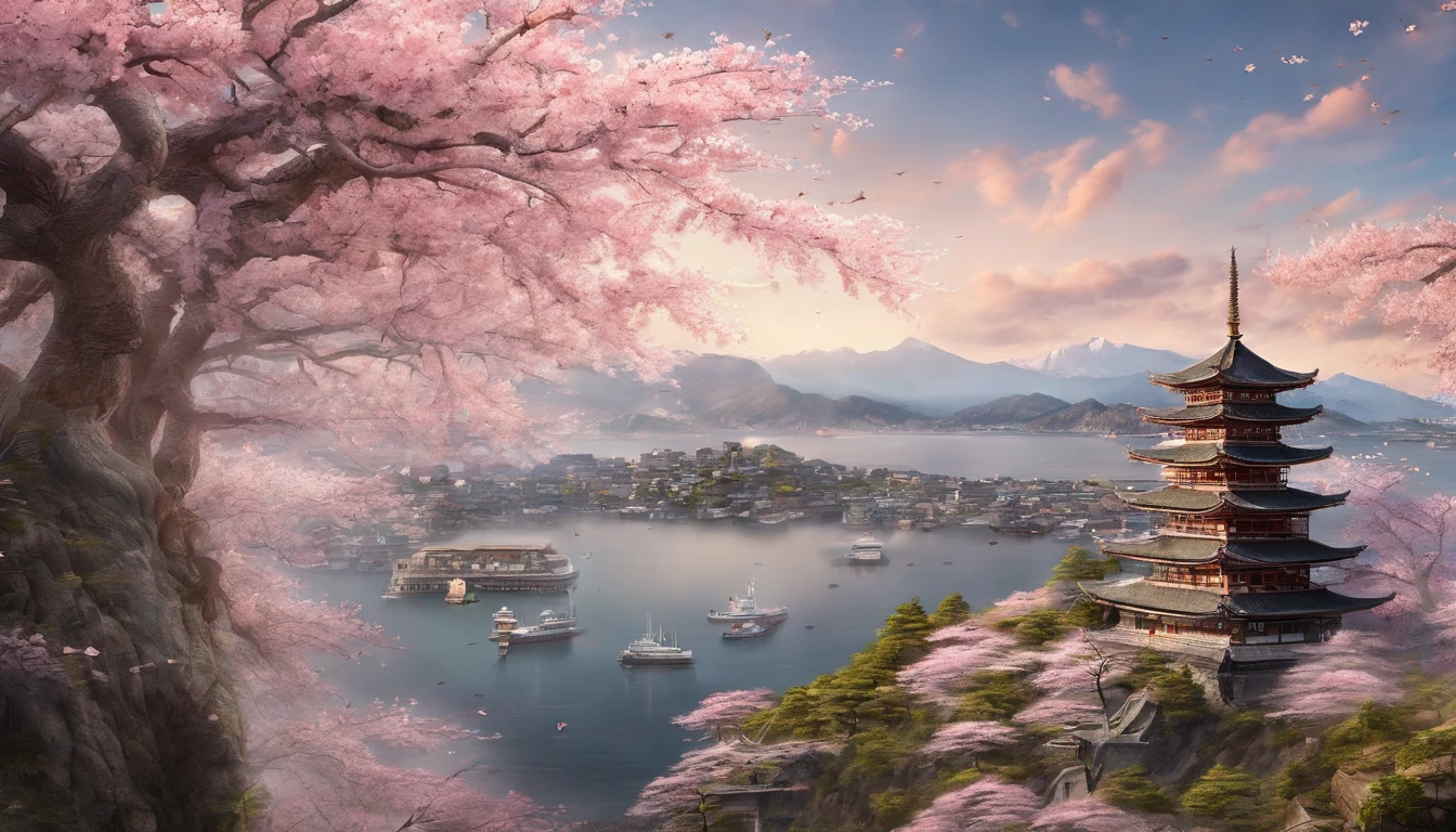 A vast island formed by giant cherry blossoms，wonderful，majestic，There is an artificial cherry blossom town on the island，distant archipelago background，A tree tall enough to look up at