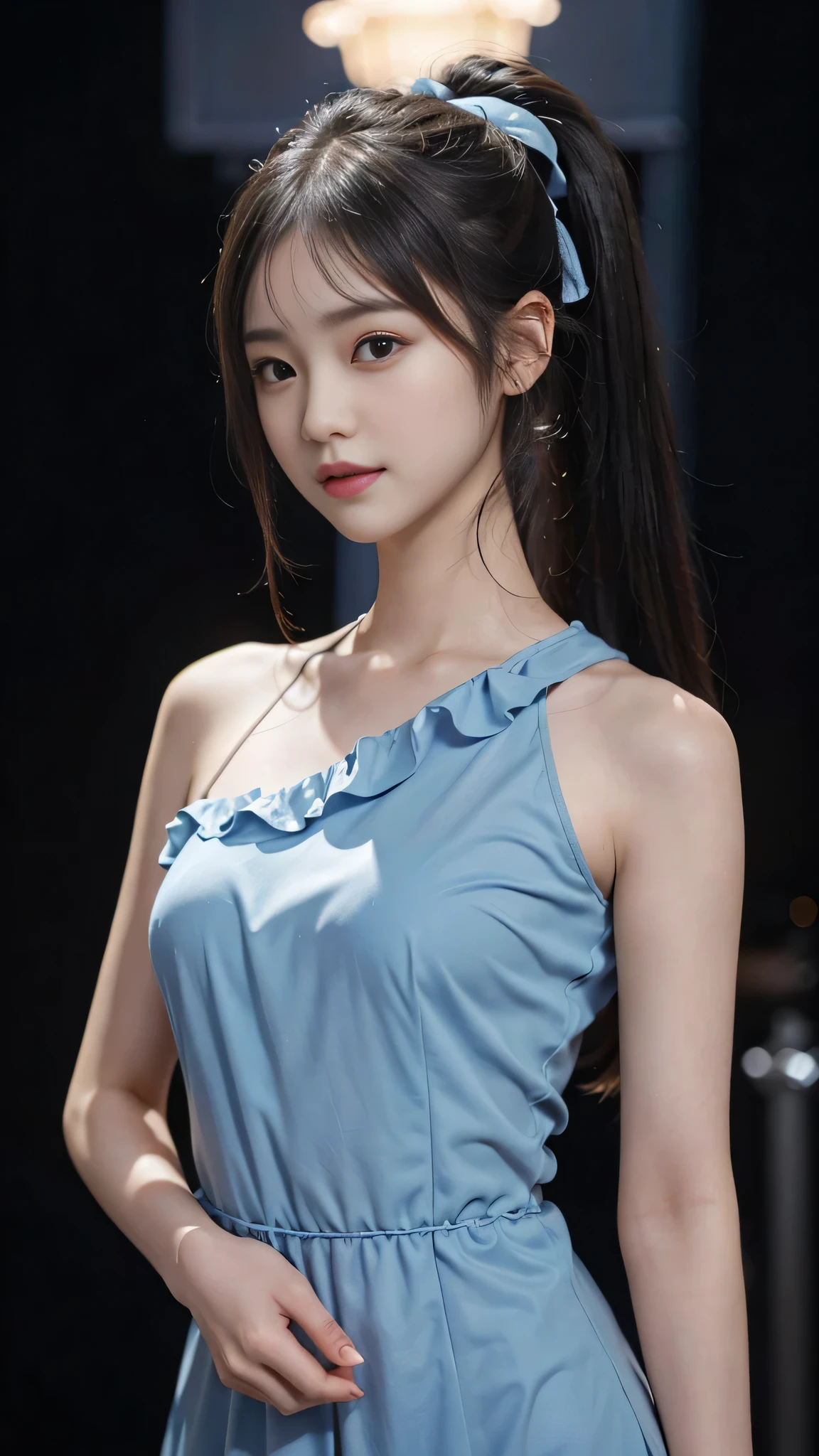 close up face,standing on stage,Blue colored long dress with lots of ruffles,One woman,masutepiece, The highest image quality, High quality, the background is clear,Beautiful woman, Japanese, Detailed, Detailed eyes, Detailed skin, Beautiful skin, 超hight resolution, (reality: 1.4),Very beautiful woman, Slightly younger face, Beautiful skin, slender, (Ultra photo realsisim), (hight resolution), (8K), (Very detailed) (beautifully detailed eyes), (super detailed), (Detailed face), view the viewer, Fine details, Detailed face, Staring straight ahead, Staring straight ahead, photos realistic, Bright lighting, Professional Lighting, Black hair,poneyTail,a baby face,fifteen years old,Hairstyle is ponytail,long ponytail hairstyle,slight smile,neat and tidy clothing,Beautiful Japanese KPOP idol photo, hair style is ponytail, my eyes are double and wide, baby face, smile and look straight ahead, slender, small breasts,Blue ribbon on head,