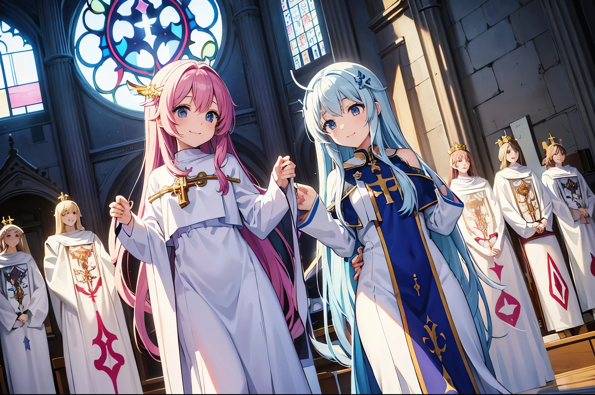 Bright Church、Christ on the Cross、A vibrant stained glass window、Smiling beautiful girl、light blue long hair、Beautiful twin-tailed priestess, With my choir.、anime moe art style, clean detailed anime art,