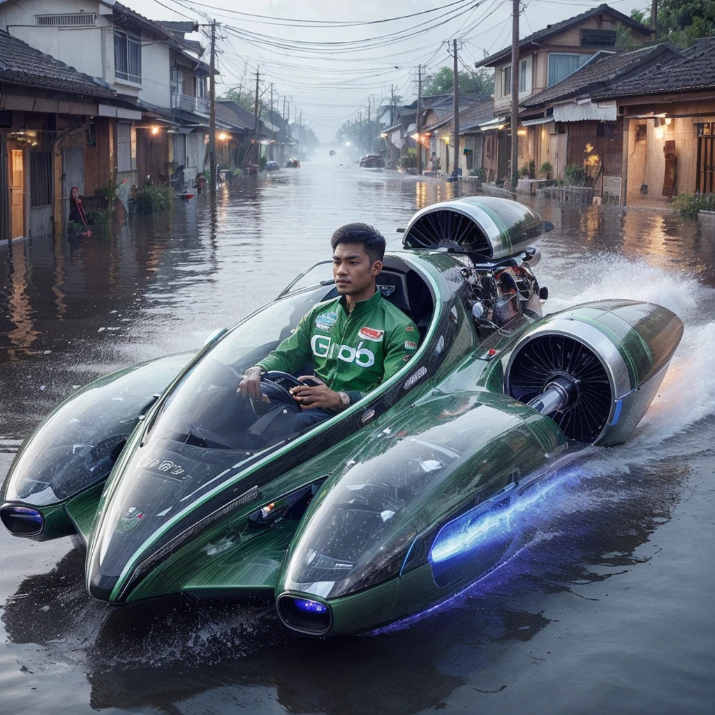 An Indonesian man wearing a green with black stripe jacket that says Grab, driving a future F1 powerboat with transparent body, all body made from glass, an engine like an airplane turbine, gliding smoothly and steadily through a residential alley affected by flood. The background features houses with water reaching their doors, small blue lights burning on the turbine, light smoke coming out from behind, and a few red-blue sparks, rendered in 3D, hyper- realistic RAW, 8K, UHD.