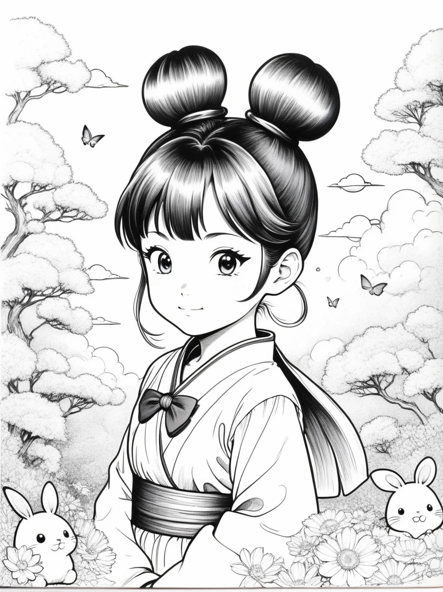 Works by Akira Toriyama，((Anime line drawing:1.8))，((Black Lines))，dream，sketch，Ethereal，dream，((美轮美奂的5 years old精灵???))，(((5 years old)))，((solo))，cute，kawaii，wonderland，(Little)，((Bun hair bun))，composition