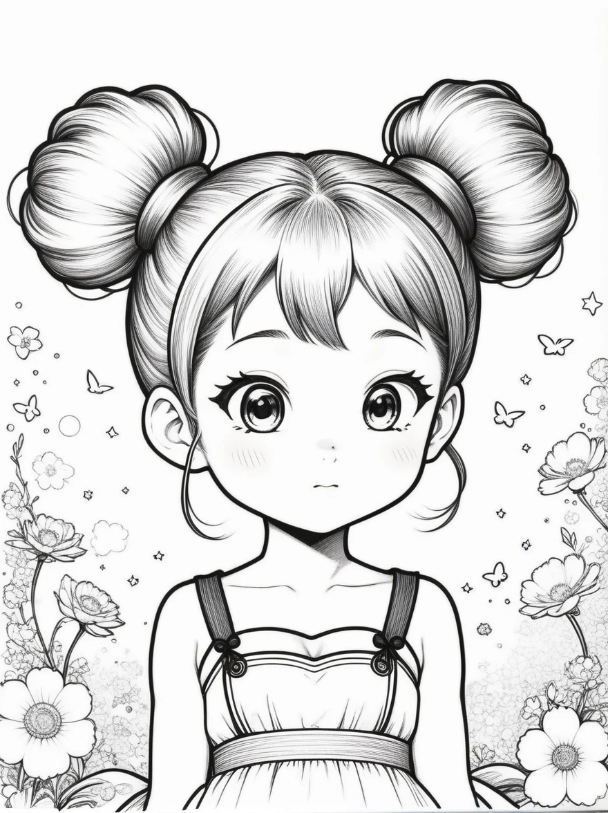 Works by Akira Toriyama,((Anime line drawing:1.8)),((Black Lines)),dream,sketch,Ethereal,dream,((美轮美奂的5 years old精灵小女孩)),((())),((solo)),cute,kawaii,wonderland,(Little),((Bun hair bun)),composition