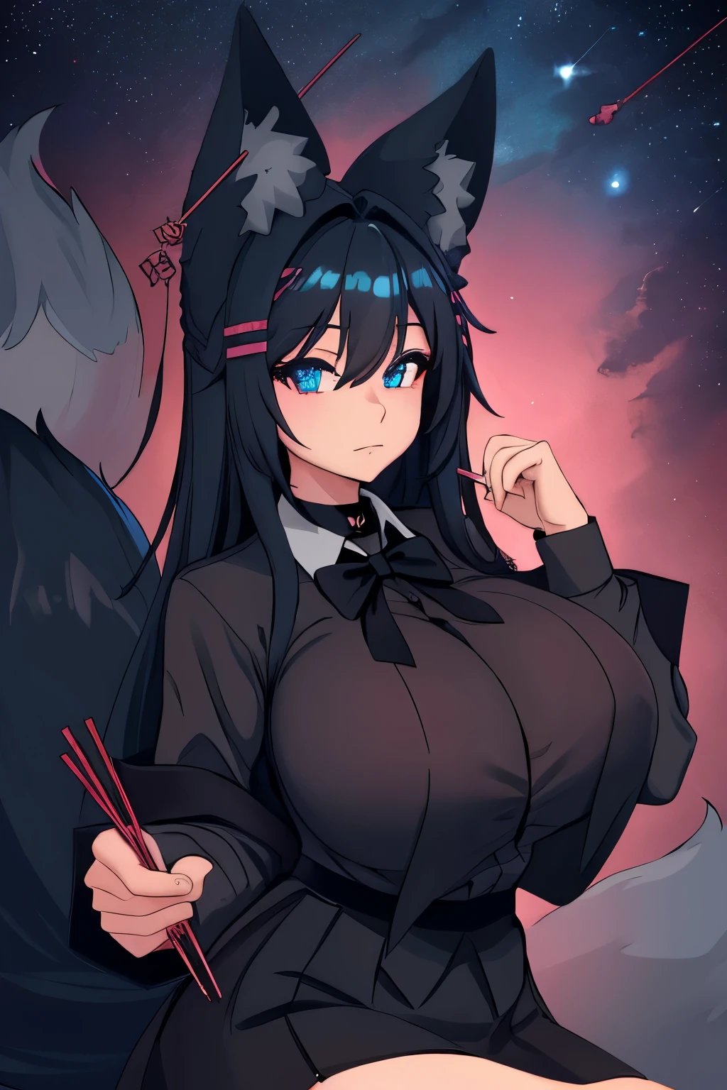 masterpiece, (detailed, highres, best quality), 1girl, gigantic breasts, hair between eyes, ear piercing, fox tail, large tail, hairclip, black bow, black bowtie, black skirt, bow, bowtie, choker, chopsticks, collared shirt, frilled shirt, frills, hair bow, pink shirt, shirt, skirt, night, night sky, sky, space, star (sky), starry sky, closed mouth, hand up, holding, looking at viewer, solo