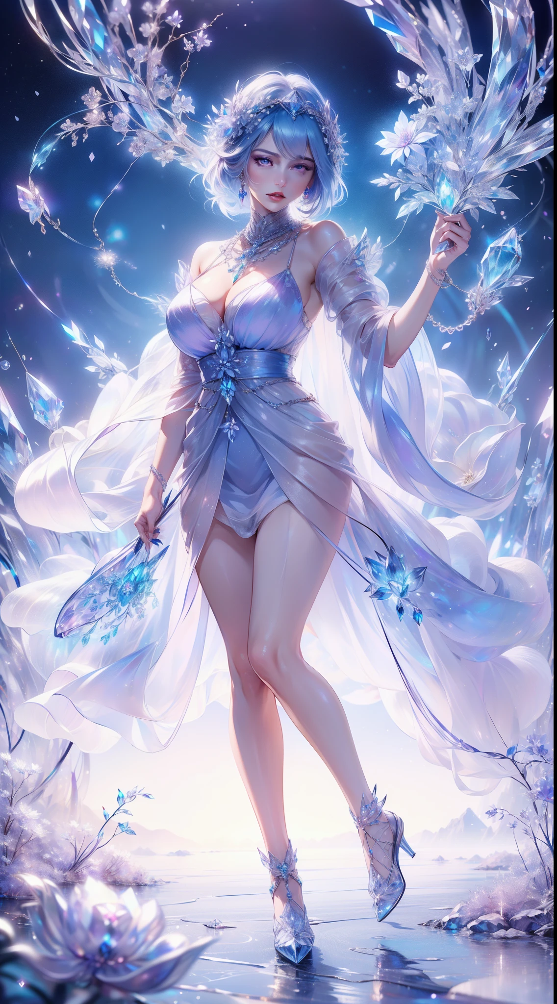 tmasterpiece,Highest high resolution,((((diamond)))),Dynamic avatar of beautiful aristocratic girl,Blue hair is elegantly coiled,,jewelery,adiamondnecklace,(((Wearing a huge cloak))),Purple clear eyes,(((The hair is covered with beautiful and delicate floral craftsmanship, Crystal jewelry filigree))),Ultra-detailed details。