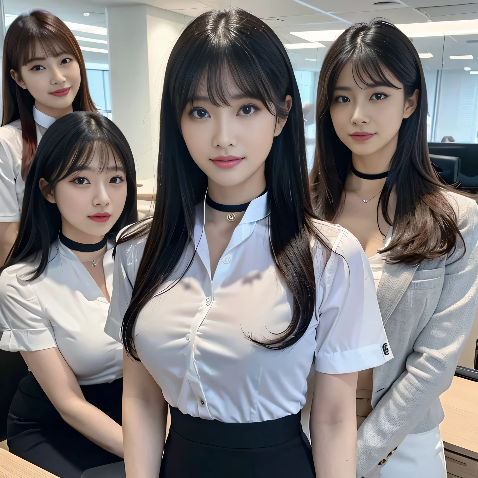 ((highest quality, 8K, Representative works in detail, ultra high resolution)), (Group photo), (looking at the viewer), (middle shot), Five attractive business women, 5 people, , white collared shirt, skirt, Sitting and working in the office, smile, CEO's Office, ((black choker)), slim body shape, big breastsr contacts, long eyelashes, bangs