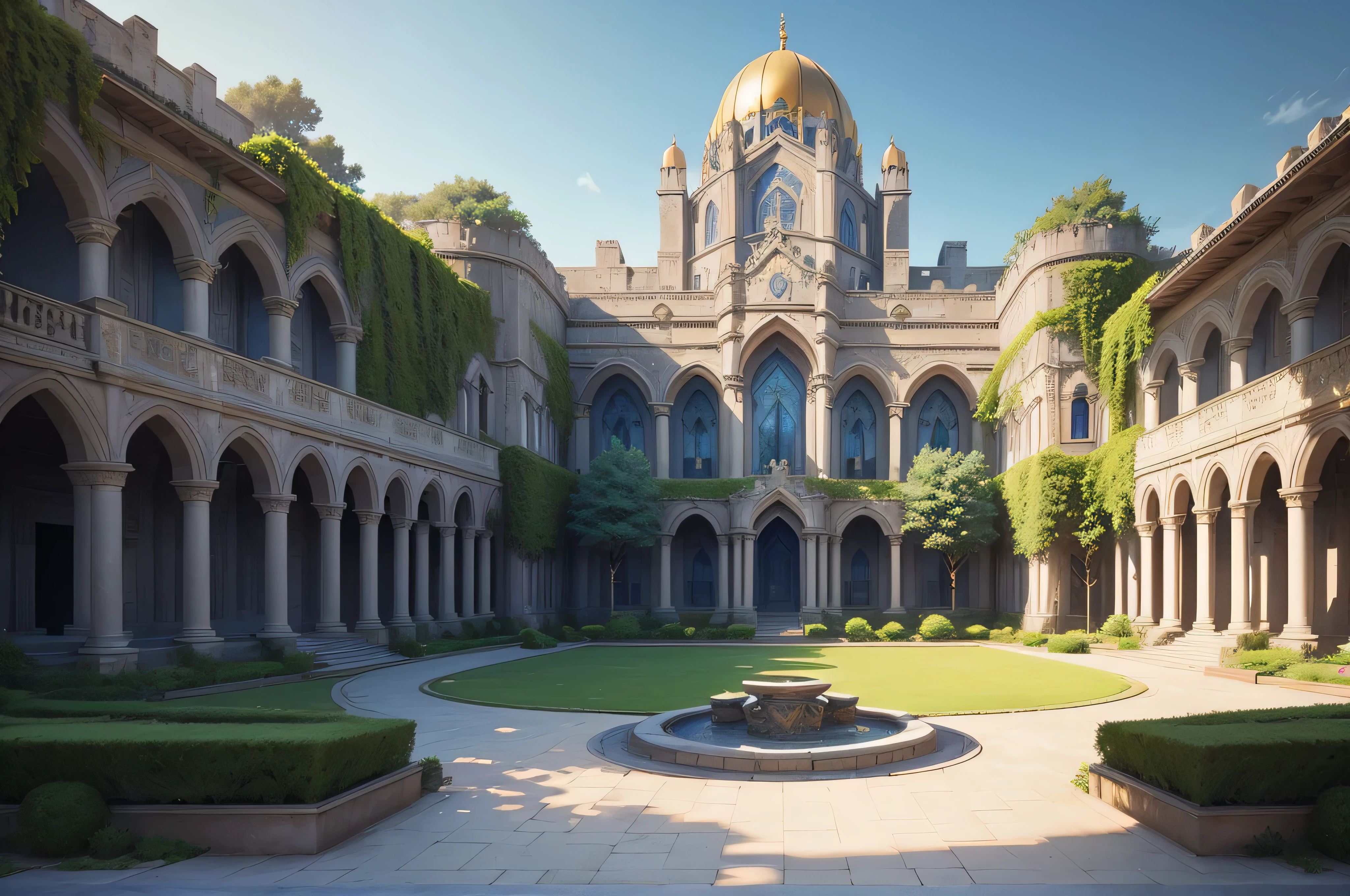 a majestic complex of towers and halls, situated on a secluded hill surrounded by verdant fields and lush forests. Tall towers rise against the blue sky, adorned with sacred ornaments and symbols of divine power. The school's central courtyard is a large, open space, where students practice their spells and rituals under the guidance of their masters. (digital art, fantasy art, RPG art)