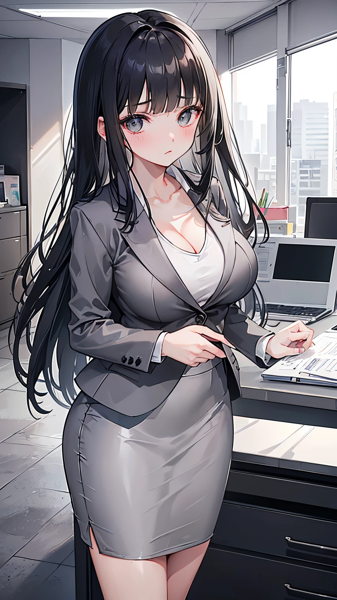 (8K、Highest image quality、highest quality、masterpiece)、detailed face、 1 girl、black hair、long hair、blunt bangs、blush、((very big breasts))、((gray suit jacket:1.2))、(white t-shirt))、cleavage、((gray pencil skirt:1.2))、cowboy shot、office、((dark room:1.2))
