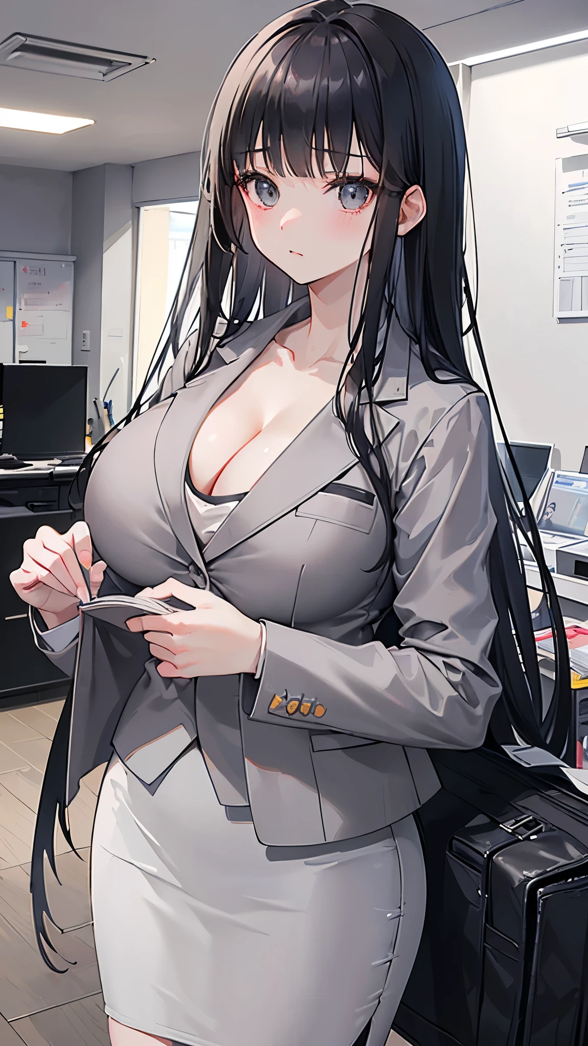 (8K、Highest image quality、highest quality、masterpiece)、detailed face、 1 girl、black hair、long hair、blunt bangs、blush、((very big breasts))、((gray suit jacket:1.2))、(white t-shirt))、cleavage、((gray pencil skirt:1.2))、cowboy shot、office、((dark room:1.2))
