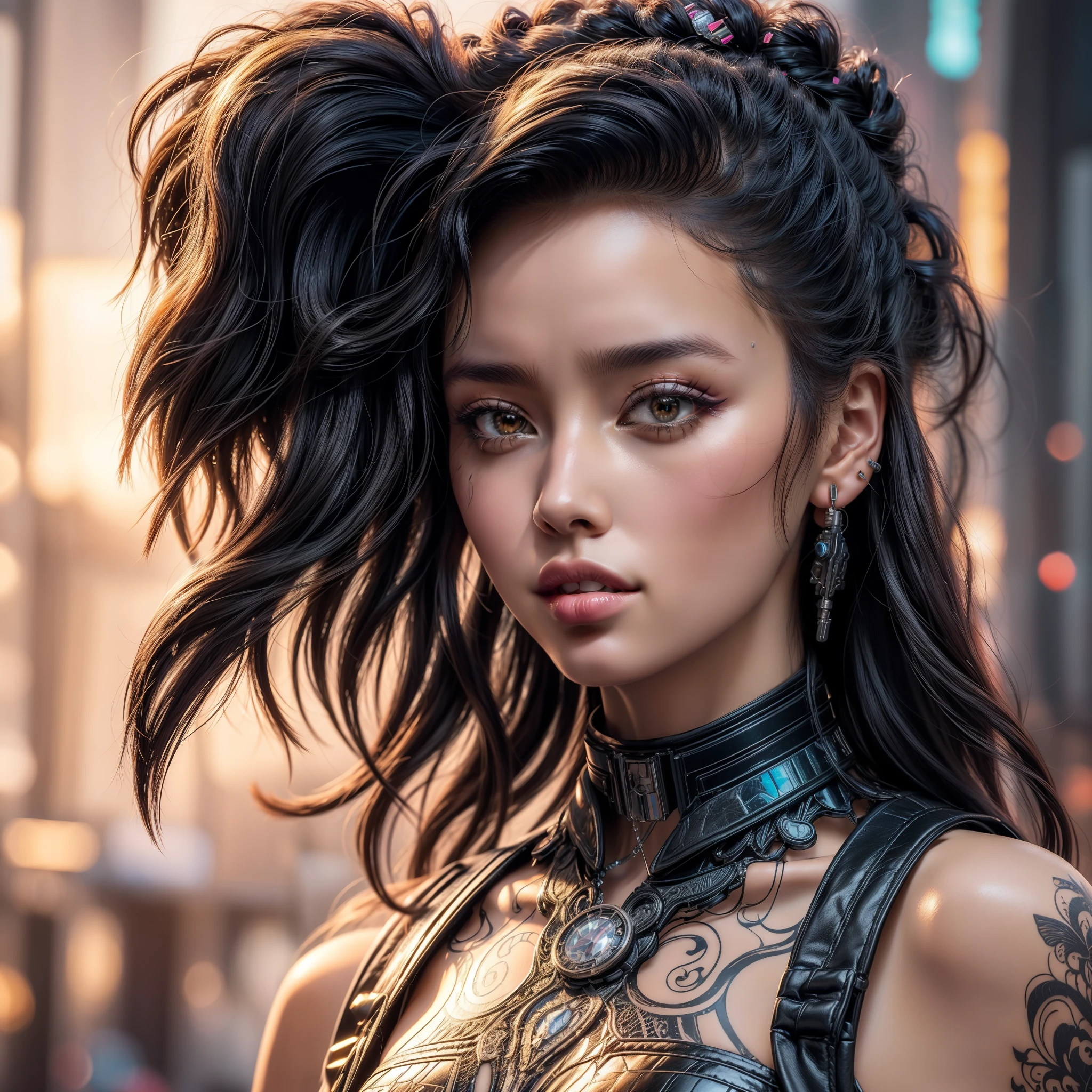 ((profile image, close-up, hyper-realistic, photorealistic, intricate details)), a young cyberpunk Japanese girl, with full lips (red lipstick), silky skin, beautiful 80s style flowing hair, with hair clips in the shape of a butterfly, wearing a sleeveless leather jacket, wearing a choker, wearing earrings, wearing a bracelet, with butterflies flying around her hair, exquisite art, beautiful photorealistic digital art, a beautiful ultra-realistic image of a sensual cyberpunk woman , beauty cyberpunk maiden, 80s retro style cyberpunk geisha, portrait of a stunning cyberpunk hot girl, beautiful realistic art of intricate details of a futuristic woman.