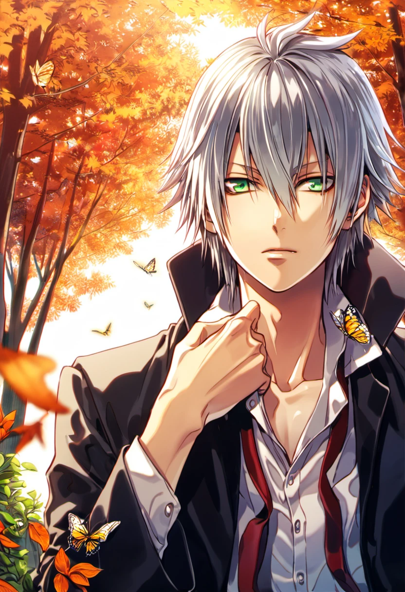 Ultra detailed, highres, absurdres, HDR, Gokudera Hayato, 1 man only, silver hair, green eyes, Katekyo Hitman Reborn, handsome, butterflies, orange leaves, autumn,