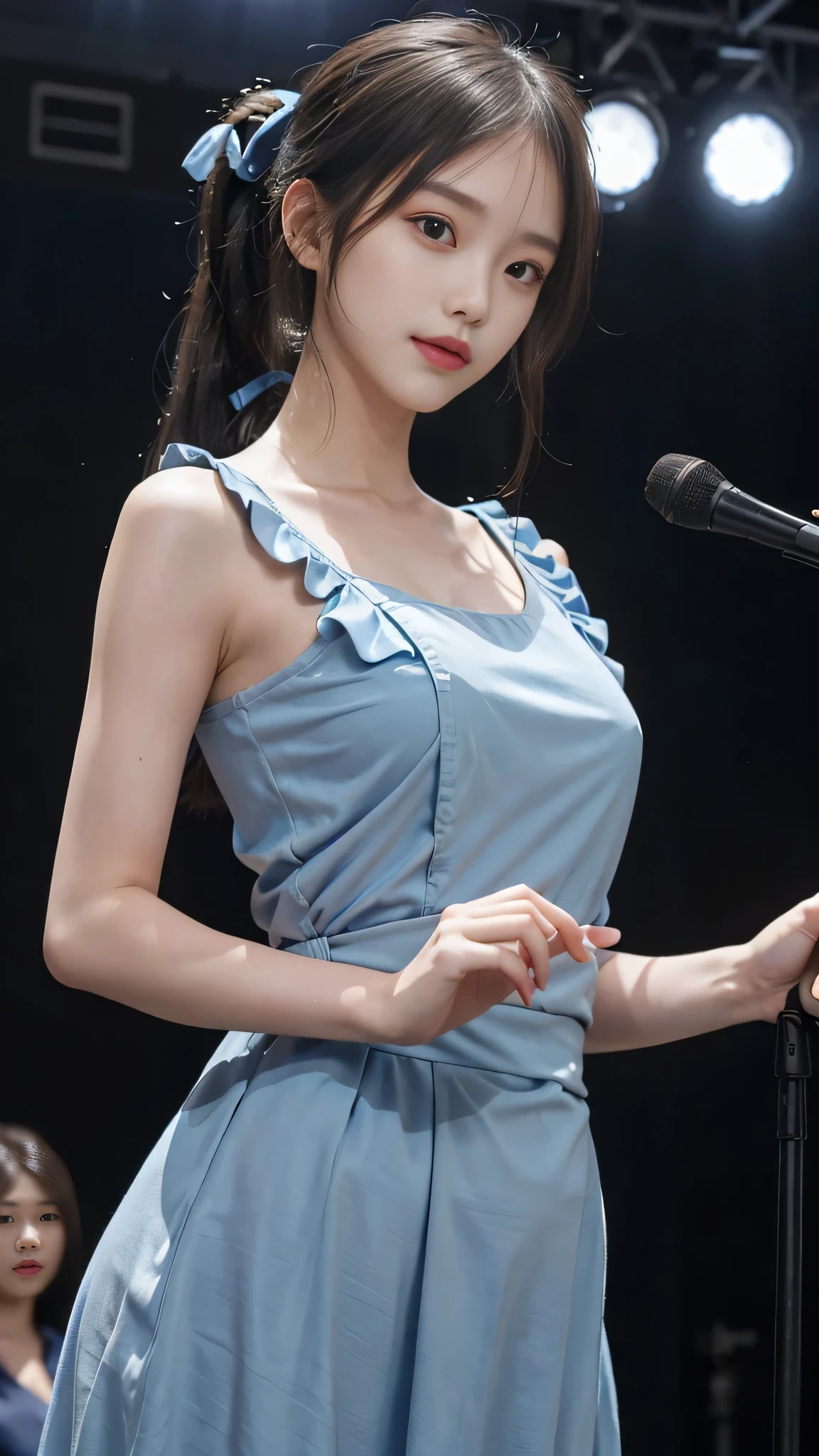 thin, white skin, Are standing, Upper body, turn your arms behind your back, Are standing, huge breasts, ~ side, light blue bra, light blue pleated skirt, ((highest quality, 8K, masterpiece: 1.3))