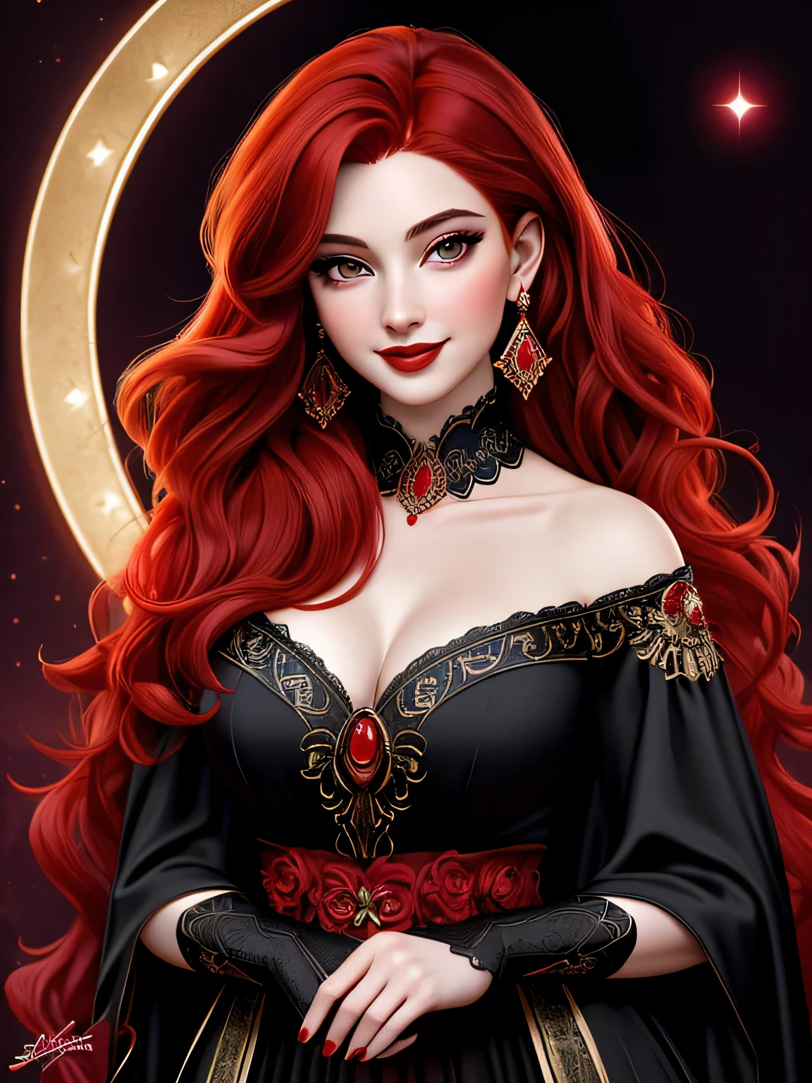 (Masterpiece, Best Quality:1.3), absurdres, (8k resolution), illustration, ((outline, thick lineart)), (faux traditional media:1.3), looking at viewer,(masterpiece,best quality),HDR,high-definition,[[Intricate Details]],cinematic,photorealisticportrait shot, ((vivid red hair)), mature woman, 30 years old, diamond face, moonlight, red starry sky background, depth of field, magic, big red lips, ((dark black eyes)) black and red long and full dress, covered chest, mystical atmosphere, smile expression, posing, taut and well defined body, attractive. Highly realistic, pale skin, beautiful, hyperrealism, skin very elaborated, direct gaze
