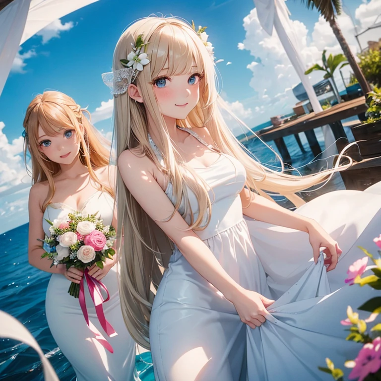 white、Ocean、droopy eyes、Brown eyeballs on face、smile、23 year old female、woman wearing one piece、long hair girl、((long hair girl))、Girl with bangs、detailed face、pretty face、((best image quality))、mole、bouquet、bride、Mermaid Dress.blonde、blue eyes、heroine、blush