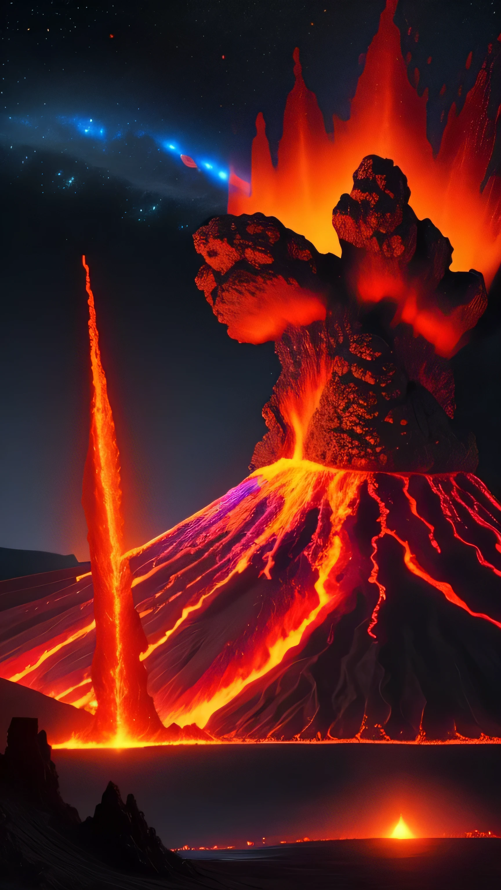 the volcano erupted, lava, village, night sky, giant robot monster, 8k