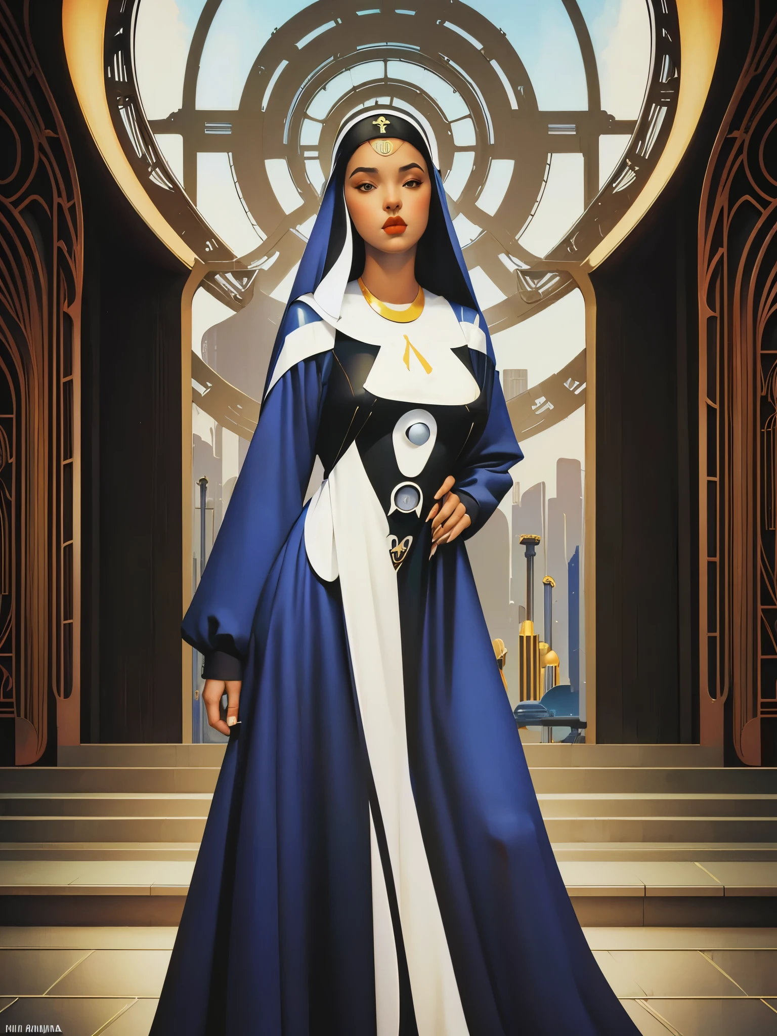 by Michael Parkes and Diego Rivera, (retro futurism , digital art but extremely beautiful:1.4), Riana as a Slutty Nun done in a dramatical style with lots of steps and perfect in every way city, world, light, radio, TV, CAMARA