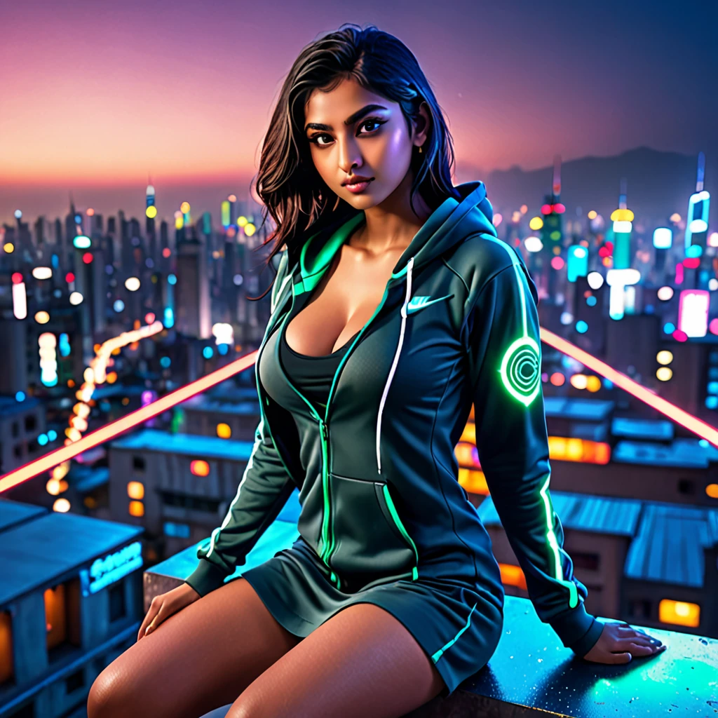 Upper body, photography a Indian girl , Nike logo hoodie, coverd head, sitting on the peak roof, the over view of futuristic cyberpunk city, looking at viewer, detailed eyes, intricate details, film grain, accent lighting, soft volumetric light, shallow depth of field, cinemagraph, night, neon lighting, floating architecture, (oil shiny skin:1.0), (big_boobs:1.2), willowy, chiseled, (hunky:1.8),(( body rotation -90 degree)), (medium full shot),(perfect anatomy, prefecthand, dress, long fingers, 4 fingers, 1 thumb), 9 head body lenth, dynamic sexy pose, breast apart, (artistic pose of awoman),NIJI STYLE,DonM3lv3sXL,photo r3al,Strong Backlit Particles,xxmix_girl