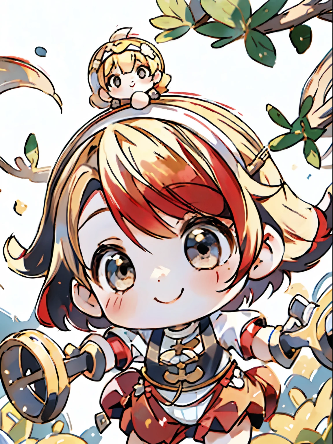 A  with striking blonde hair、baby face、hair ornaments、short bob、、smile、red hair band、dynamic pose