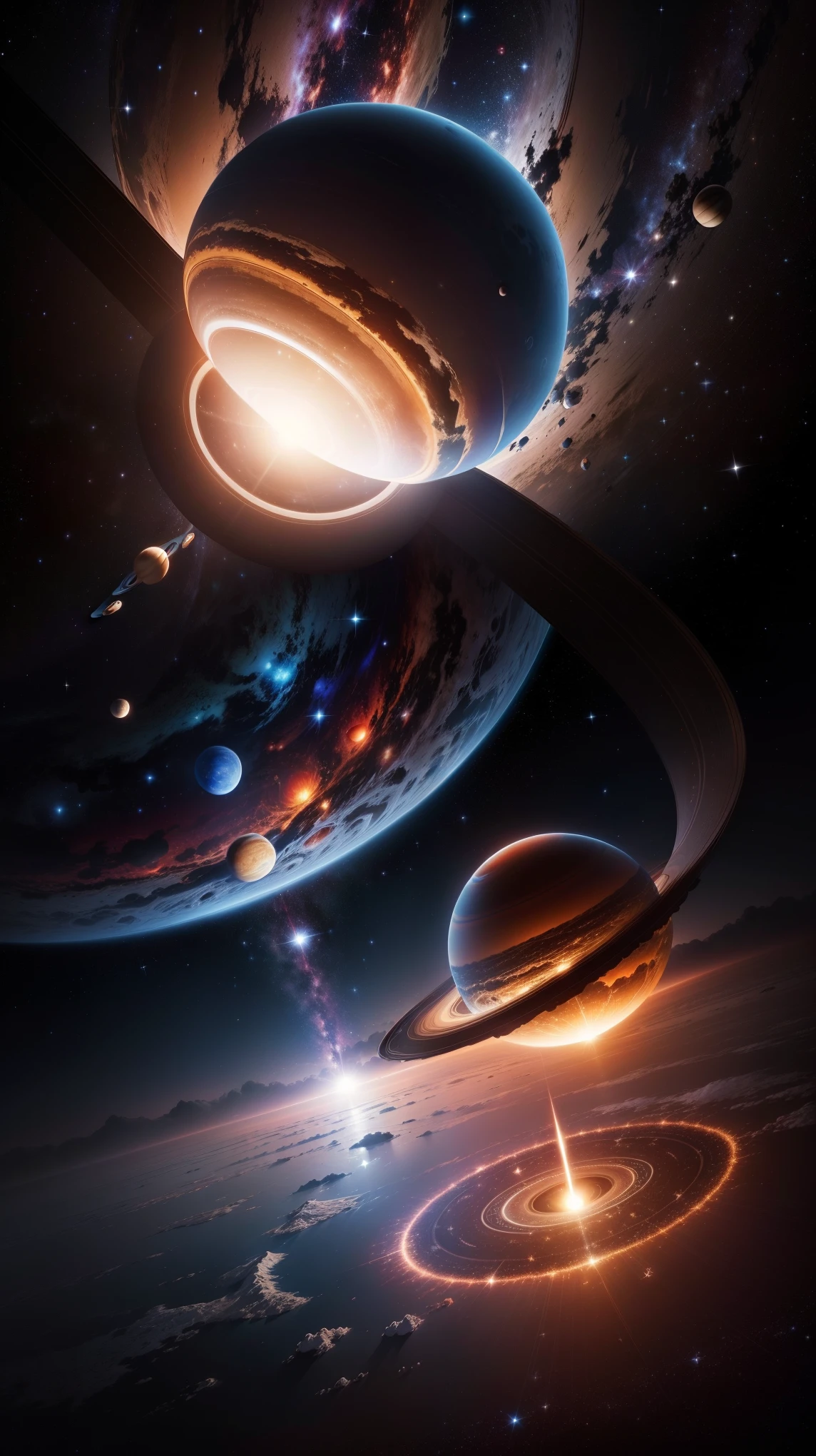 Outer space with 3 planets that show new earth and new heavens and the bright light. the main planet is represented as the earth. you can fill up with huge stars and variants of saturn and planets with rings in the background.