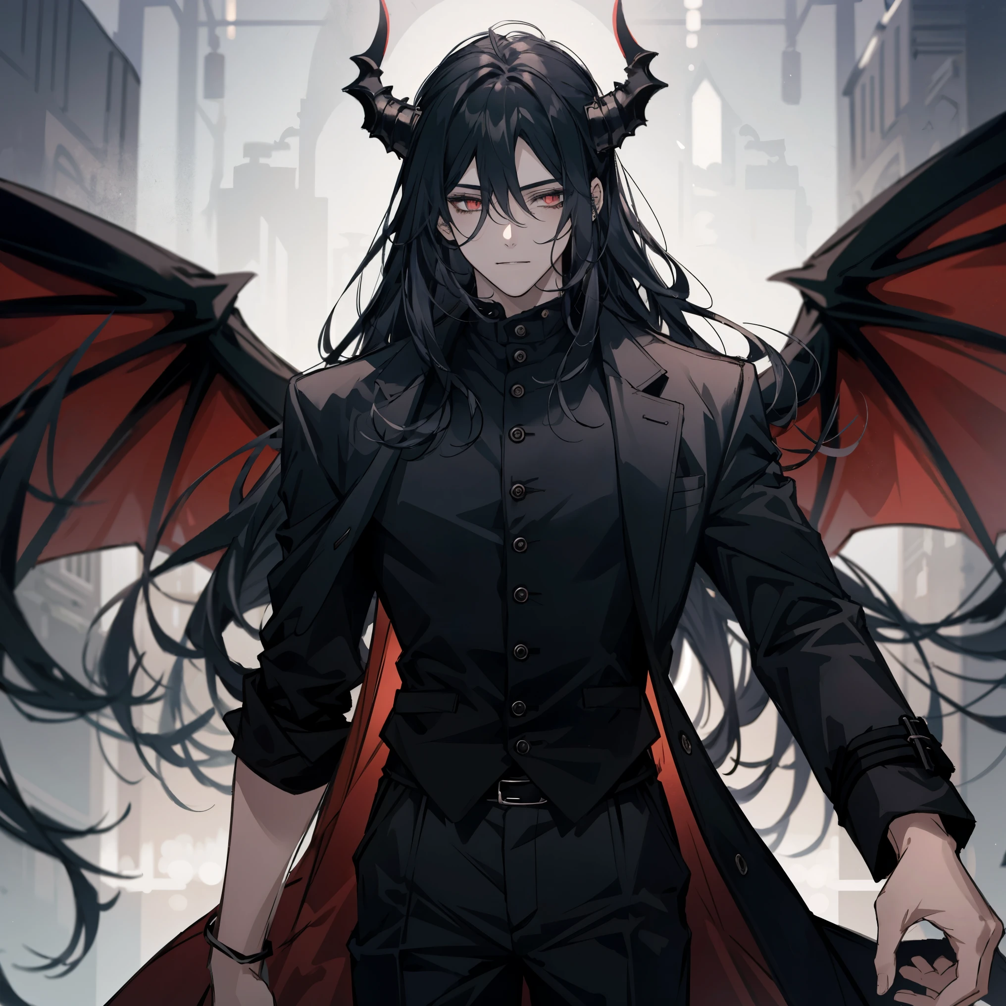 1 male, teenager, wearing a black shirt, black long pants, black hair, long hair, long black trench coat, face to detail, detailed eyes, light red eyes, the background is Hell surrounded by demons, Demon wings, demon horns.