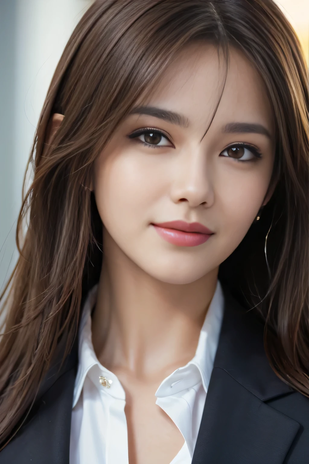 table top, highest quality, realistic, Super detailed, finely, High resolution, 8k wallpaper, 1 beautiful woman,, light brown messy hair, wearing a business suit, sharp focus, perfect dynamic composition, beautiful and detailed eyes, thin hair, Detailed realistic skin texture, smile, close-up portrait, model body shape