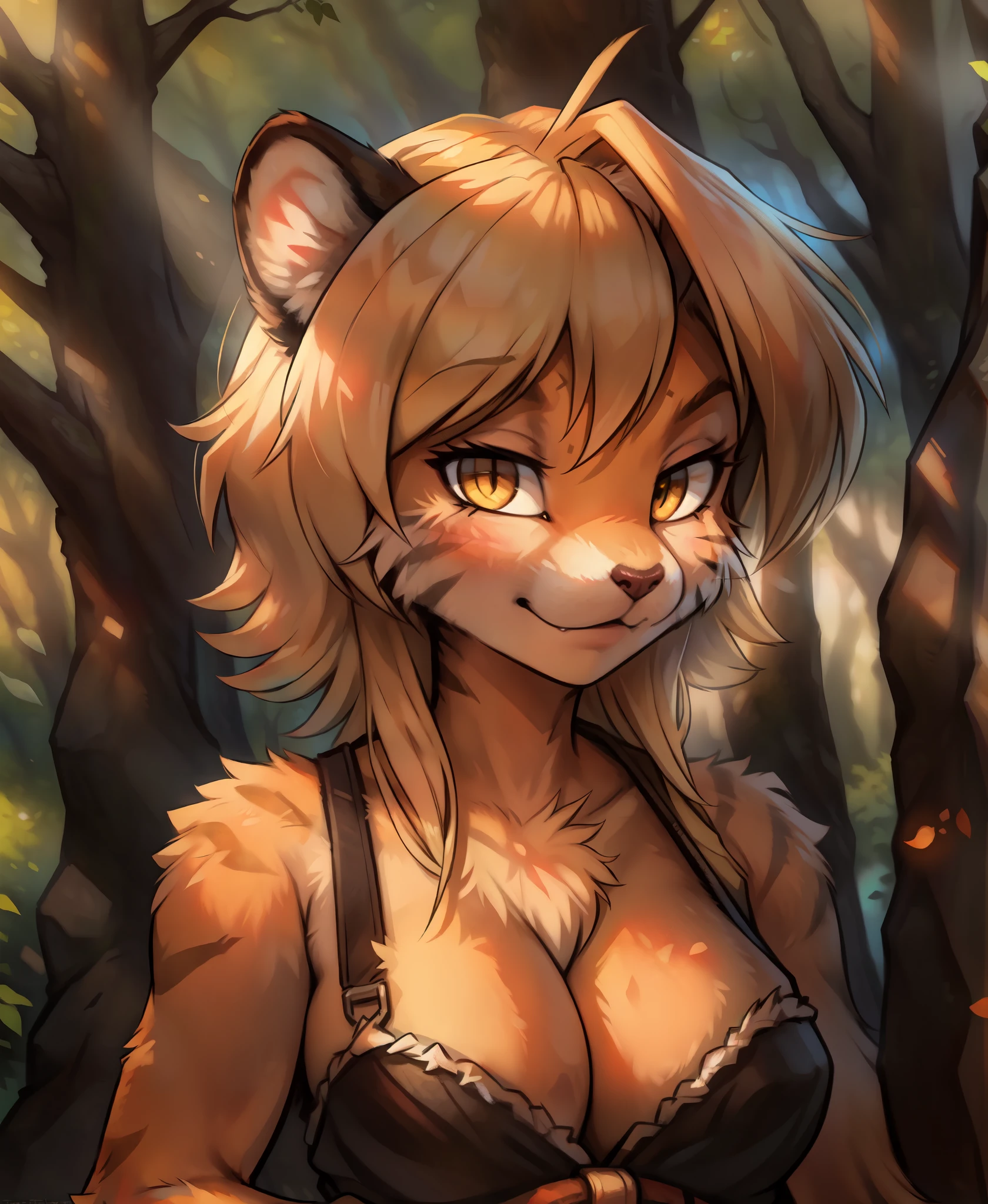 by kenket, by totesfleisch8, (by thebigslick, by silverfox5213:0.8), (by syuro:0.2),, ivy-twokinds, twokinds, (best quality, masterpiece:1), solo, furry female anthro, yellow eyes, blond hair, medium hair, tiger tail, finger claws, portrait, looking at viewer, (outdoors dark forest trees blurry blurred background:1.1), 