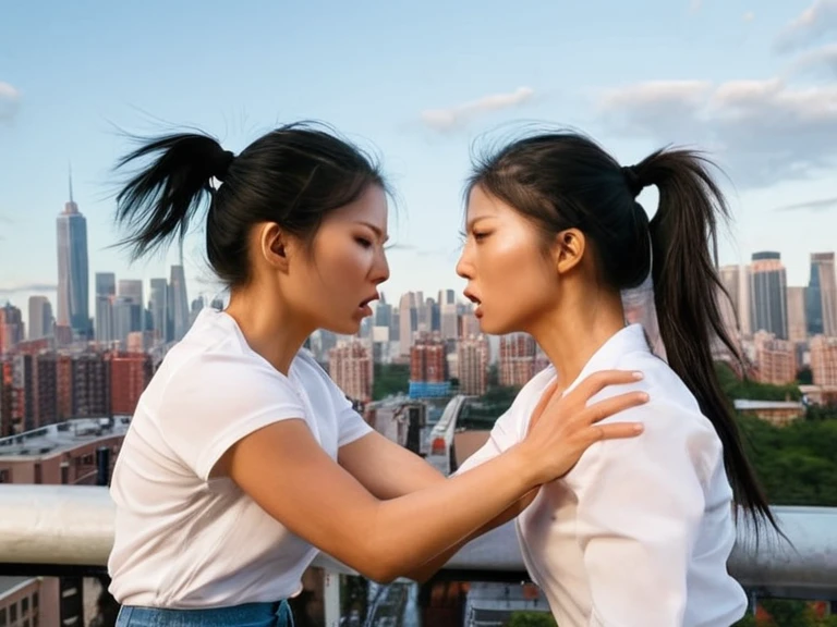 (ulta-detailed, photorealistic:1.2), sjang and her identical twin engaged in a physical fight, with their hands grabbing each other's hair, passionately arguing with angry expressions on their faces, conveying pain from the hair pulling, showcasing their swift movements and actions, filled with energy and intensity. The scene takes place in the backdrop of an urban cityscape, adding a dynamic and vibrant atmosphere.