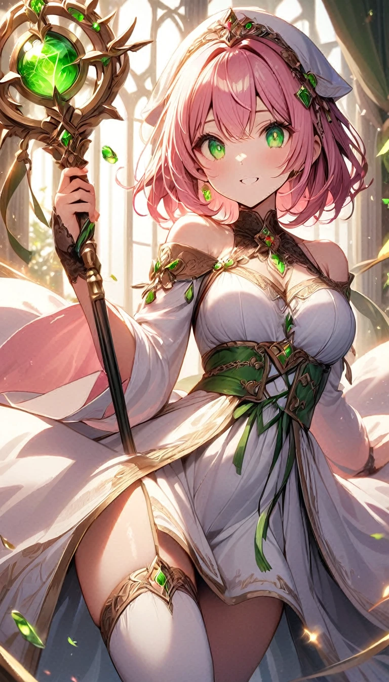 masterpiece,best quality, priestess, short hair,curly bob cut, detailed skin, pink hair, green eyes, perfect face, ((White_dress)), gold_ornaments, Staff , ((medium breasts)), smiling, 1girl, legs exposed, Perfect face, add_detail:1, add_detail:0, add_detail:0.5,