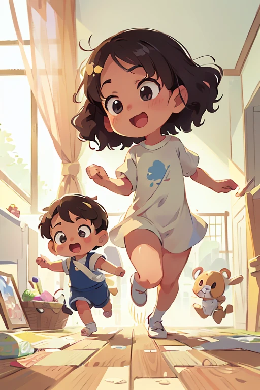 In a pristine white background, illuminated by a flawless light source that casts no shadows, a breathtaking masterpiece comes to life. In the center of the frame stands a vibrant character, rendered in a captivating cartoon style. With a charming bob hairstyle and luscious curls framing their face, they exude an undeniable charm.
Behold the enchanting scene of a baby in motion, captured in full body view as they joyfully run. This adorable depiction is reminiscent of beloved baby cartoons, with exaggerated proportions of a two-headed body, perfectly blending cuteness and playfulness.
Inspired by the iconic Ghibli anime style, the artist skillfully portrays the baby's exuberance and innocence. Their eyes sparkle with a sense of wonder, and their tiny