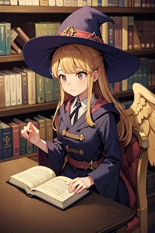 A golden haired female witch with hazel eyes with golden wings is wearing a Victorian dress is picking out a book in the library