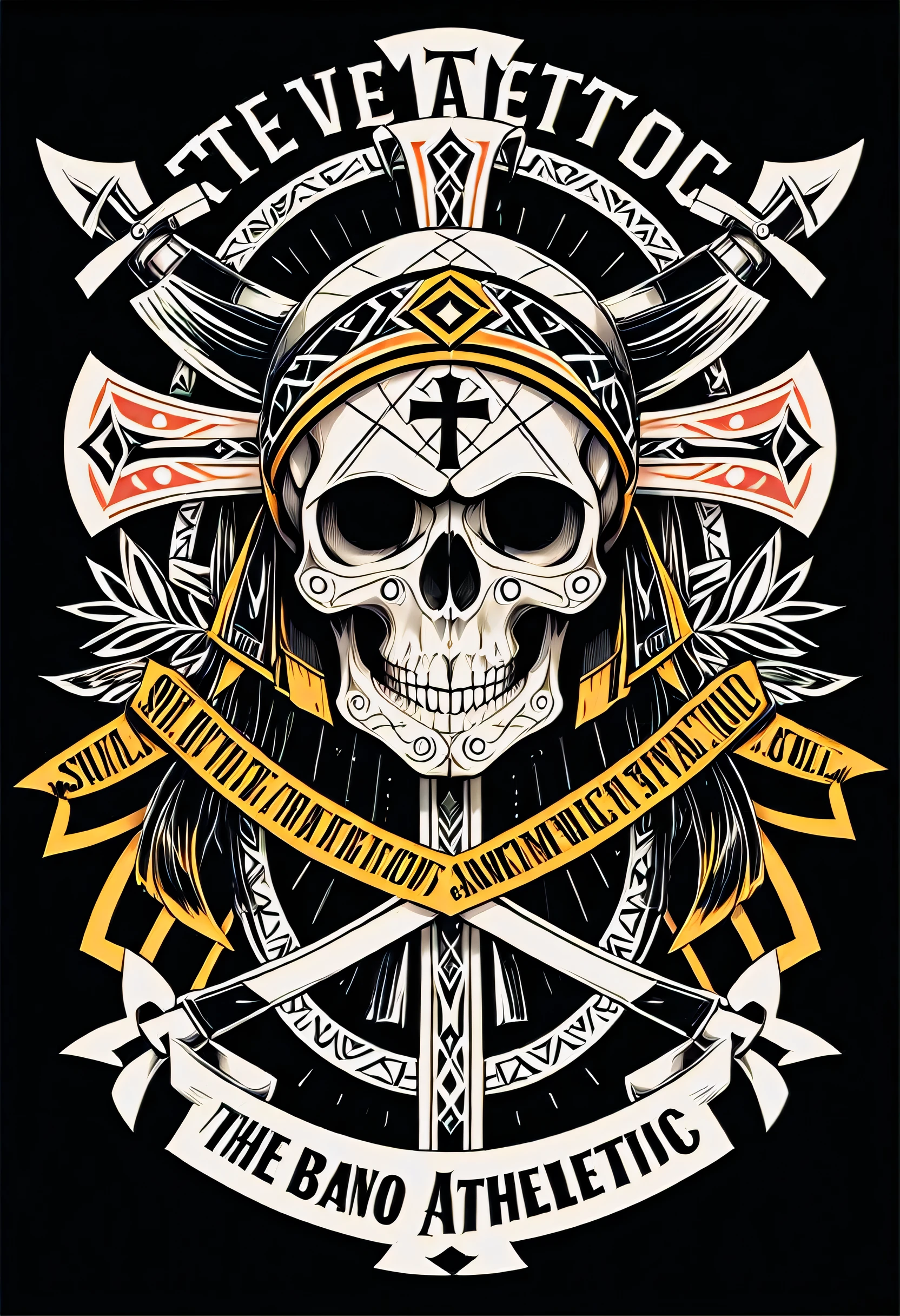 (best quality,black background:1.2),bold outlined emblematic cross , vintage with text ribbons .  in a regular geometric symmetric style, The Grind Athletics tattoo tribal, with skull