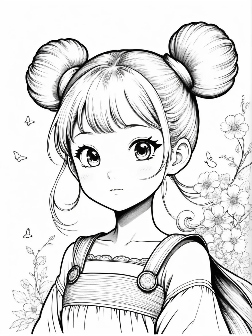 Works by Akira Toriyama,((Anime line drawing:1.8)),((Black Lines)),dream,sketch,Ethereal,dream,((美轮美奂的5 years old精灵???)),(((5 years old))),((solo)),cute,kawaii,wonderland,(Little),((Bun hair bun)),composition