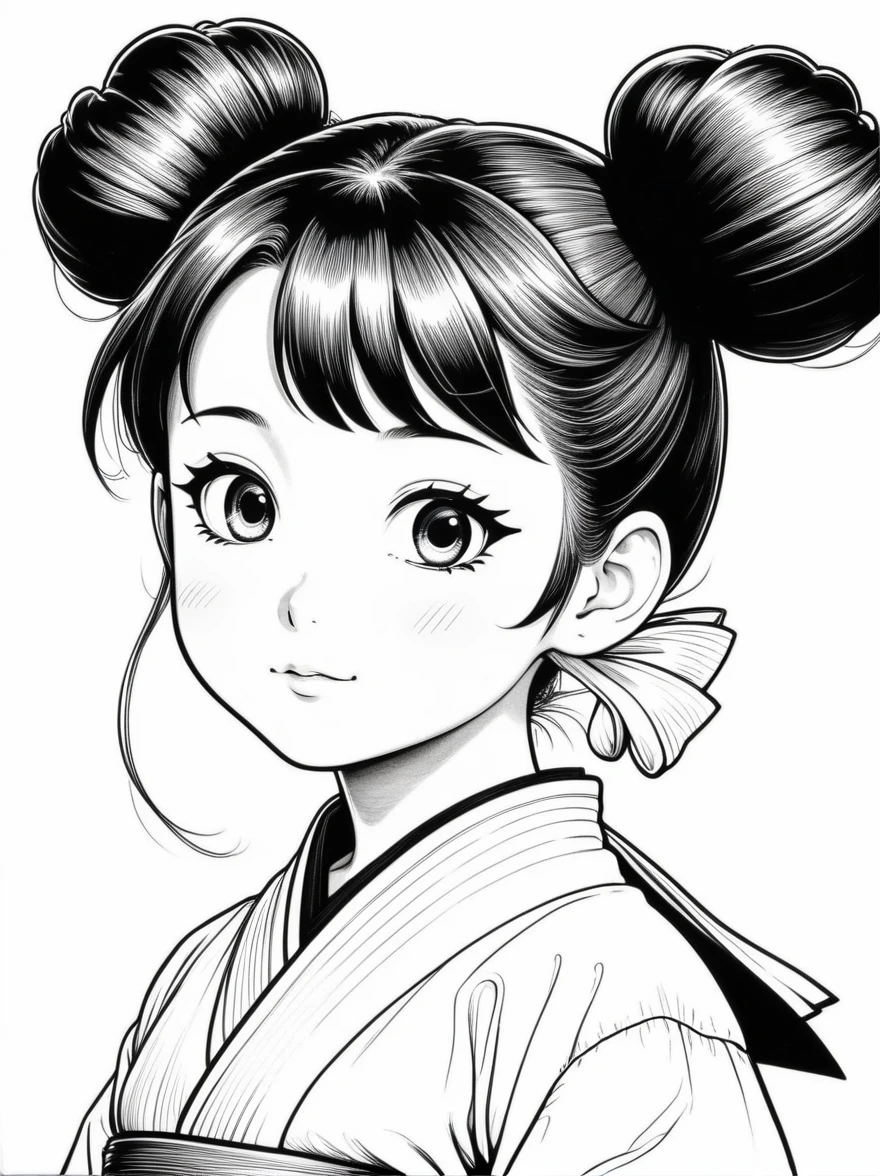Works by Akira Toriyama,((Anime line drawing:1.8)),((Black Lines)),dream,sketch,Ethereal,dream,((美轮美奂的5 years old精灵???)),(((5 years old))),((solo)),cute,kawaii,wonderland,(Little),((Bun hair bun)),composition