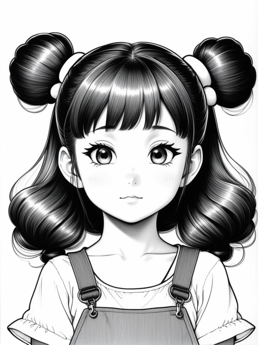 Works by Akira Toriyama,((Anime line drawing:1.8)),((Black Lines)),dream,sketch,Ethereal,dream,((美轮美奂的5 years old精灵小女孩)),(((5 years old))),((solo)),cute,kawaii,wonderland,(Little),((Bun hair bun)),composition