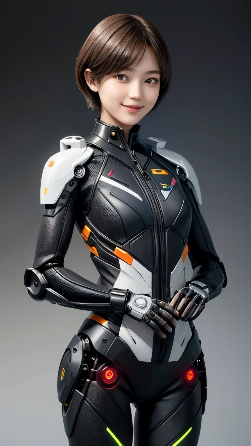 207 Short Hair, 20 year old female, Floral, gentle smile, futuristic clothes, mechanical suit