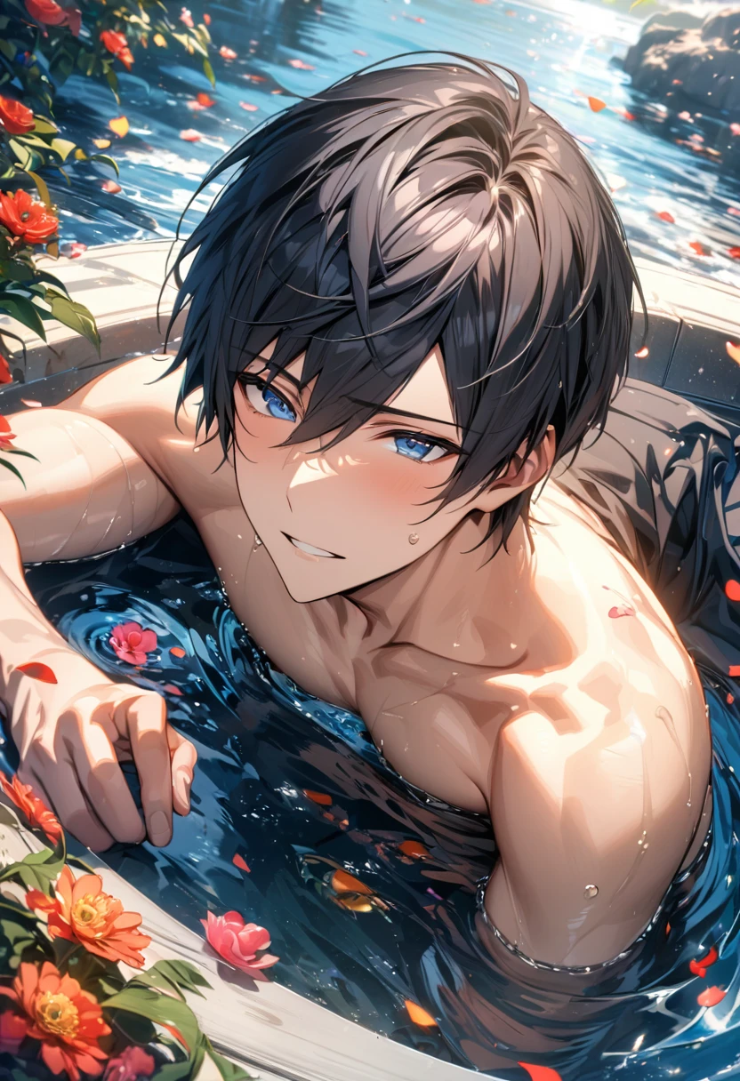 absurdres, highres, ultra detailed, HDR), master piece, best quality, Nanase Haruka, black hair, expressive blue eyes, free, 1man, handsome, water, petals, flowers, bare chest 