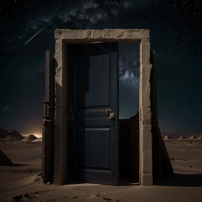 Create the image of a door in a dark desert where inside the door when you open it there is a universe with asteroids, comets, stars, planets and other celestial bodies.