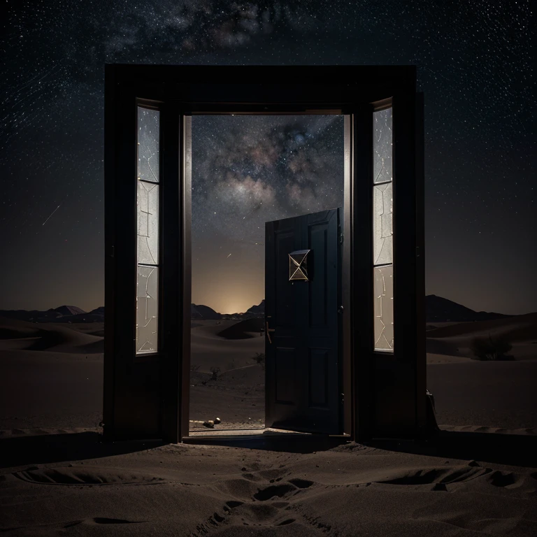 Create the image of a door in a dark desert where inside the door when you open it there is a universe with asteroids, comets, stars, planets and other celestial bodies.