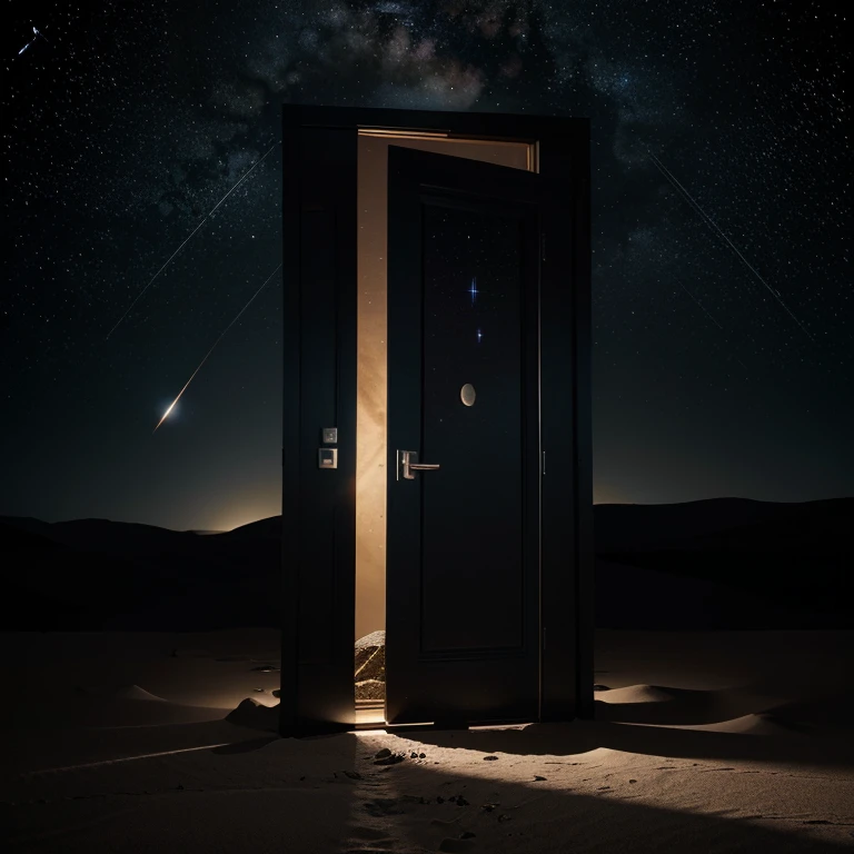 Create the image of a door in a dark desert where inside the door when you open it there is a universe with asteroids, comets, stars, planets and other celestial bodies.