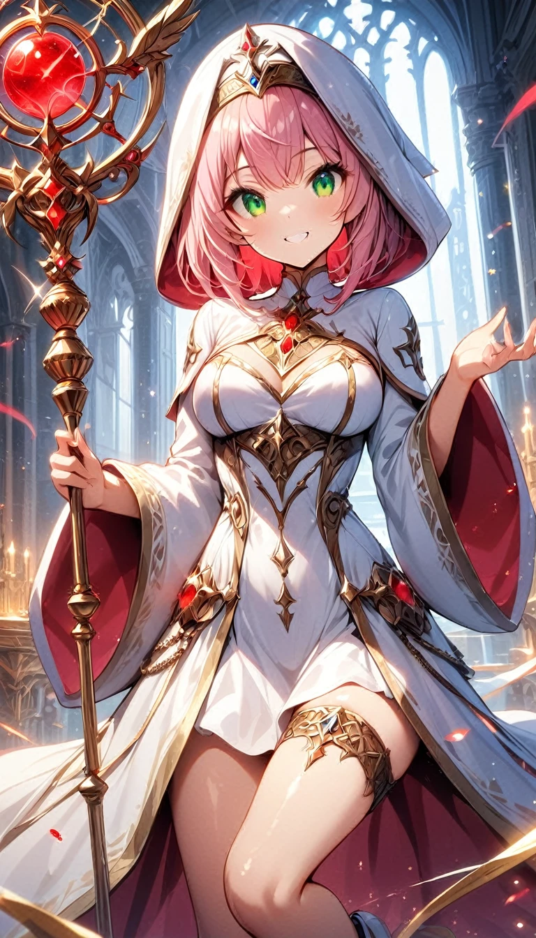 masterpiece,best quality, priestess, short hair,curly bob cut, detailed skin, pink hair, green eyes, perfect face, ((White_dress)), gold_ornaments, Staff , ((medium breasts)), smiling, 1girl, legs exposed, Perfect face, add_detail:1, add_detail:0, add_detail:0.5, ((Orbstaff))