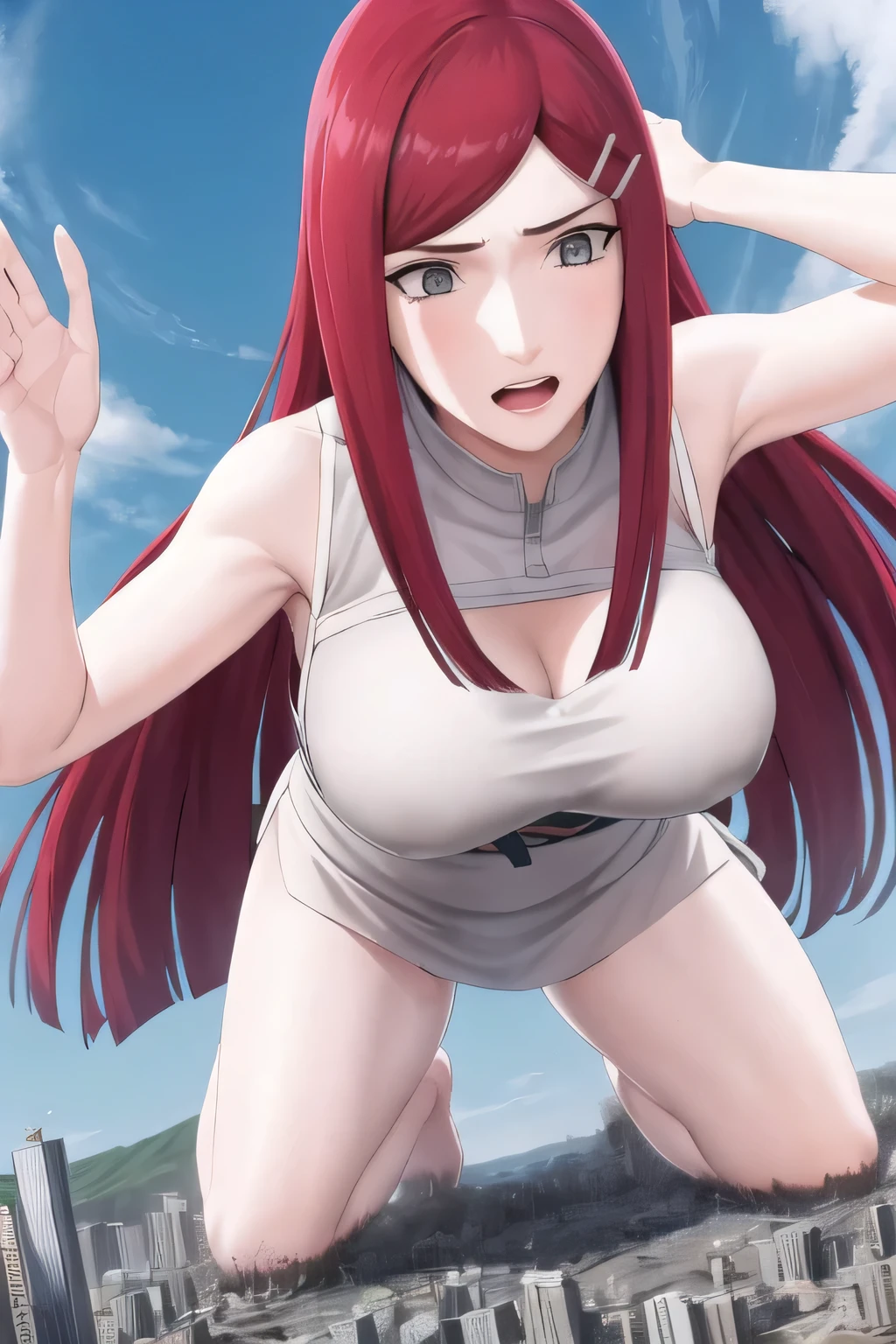 kushina,, kushina,  red hiar, long hair, hair ornament, red hair, hairclip, (grey eyes:1.5), (swept bangs:1.5), open mouth, confused, BREAK shirt, dress, jewelry, white shirt, short sleeves, apron, bracelet, green apron, collar, full body shot
zoomed out, distant view, flood, cum flood, perfect arms, perfect hands, perfect face, perfect legs, perfect thighs, perfect feet ground view, from below, groundview, low angle, kneeling, leaning forward, hands on the ground, looming, perspective , looking down, looking at the ground looking down:1.5, looking at the ground, unamused blue sky, city, giga giantess, gts, giantess destroying a cityscape, destruction, rampage, huge craters, ravines, cracks in the ground, earthquake, smoke, fire, destroyed city, ruins, rubble, debris, crumbling, destroyed buildings, knocked over buildings, toppled skyscrapers, crumbling buildings, falling buildings, rampage in the city, destruction in the city destroyed cityscape