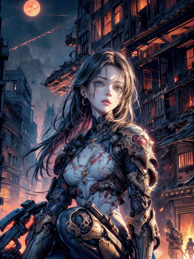 cinematic lighting,super dense skin、detailed and beautiful eyes、highest quality,cyberpunk,(replace、dim color, soothing tone:1.3),NSFW(1 beautiful woman、、Detailed beautiful facial features:1.3)(clear blue medium hair:1.2)、facial scars、(well-shaped chest、Blood stains around the mouth and forehead、destroyed、rosary choker、Damaged clothing:1.2)Cyberpunk Soldierission completed(The arm is mechanical:1.5)(Large weapons:1.2)、(squat、)(look up at the sky:1.4)destroyed buildings、A fire broke out in the building.、on the roof of the building、dawn sky、sunlight shines in、thin moon(helicopter flight:1.4)