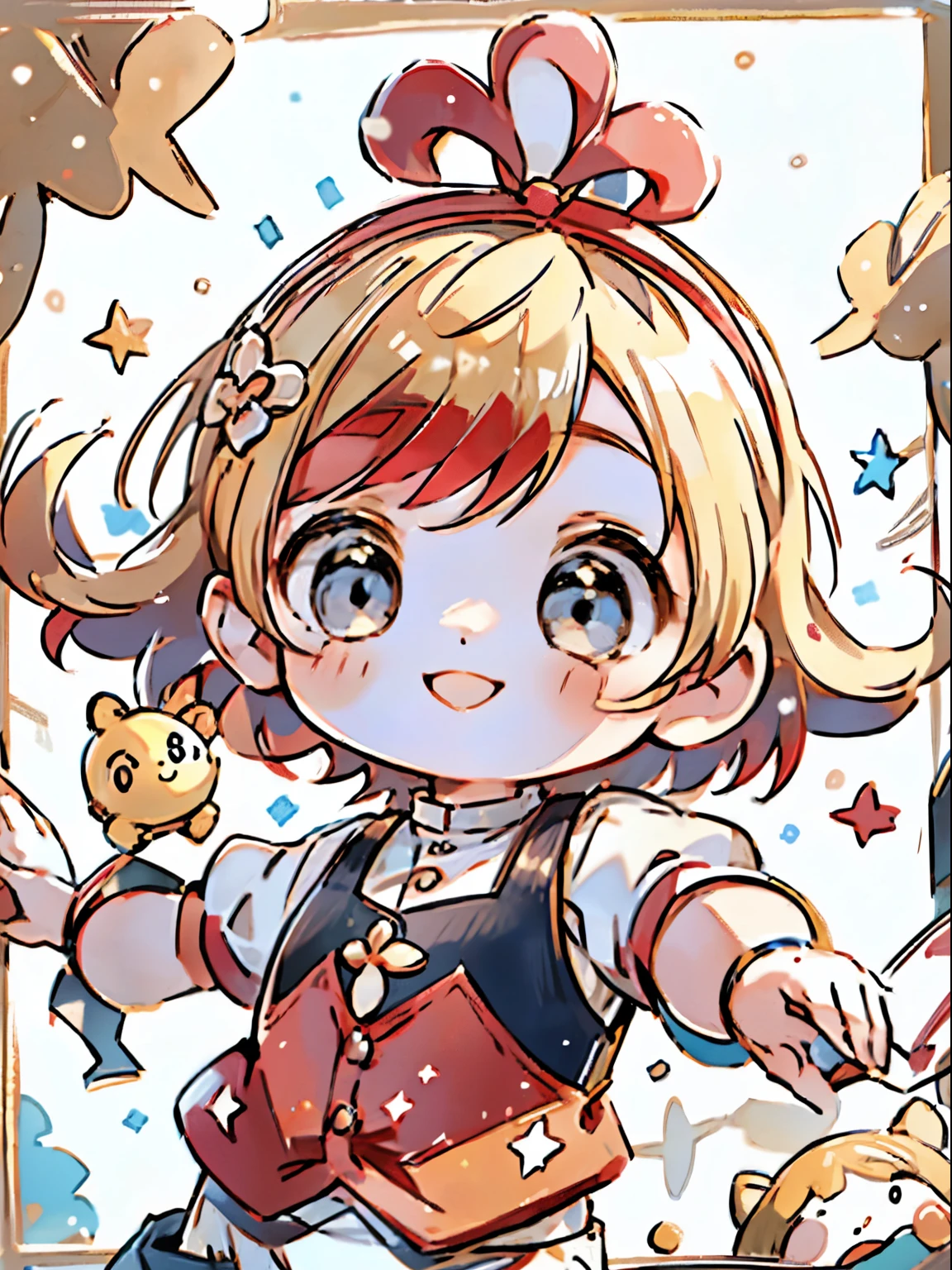 A with striking blonde hair、、hair ornaments、short bob、hot pants、smile、red hair band、dynamic pose