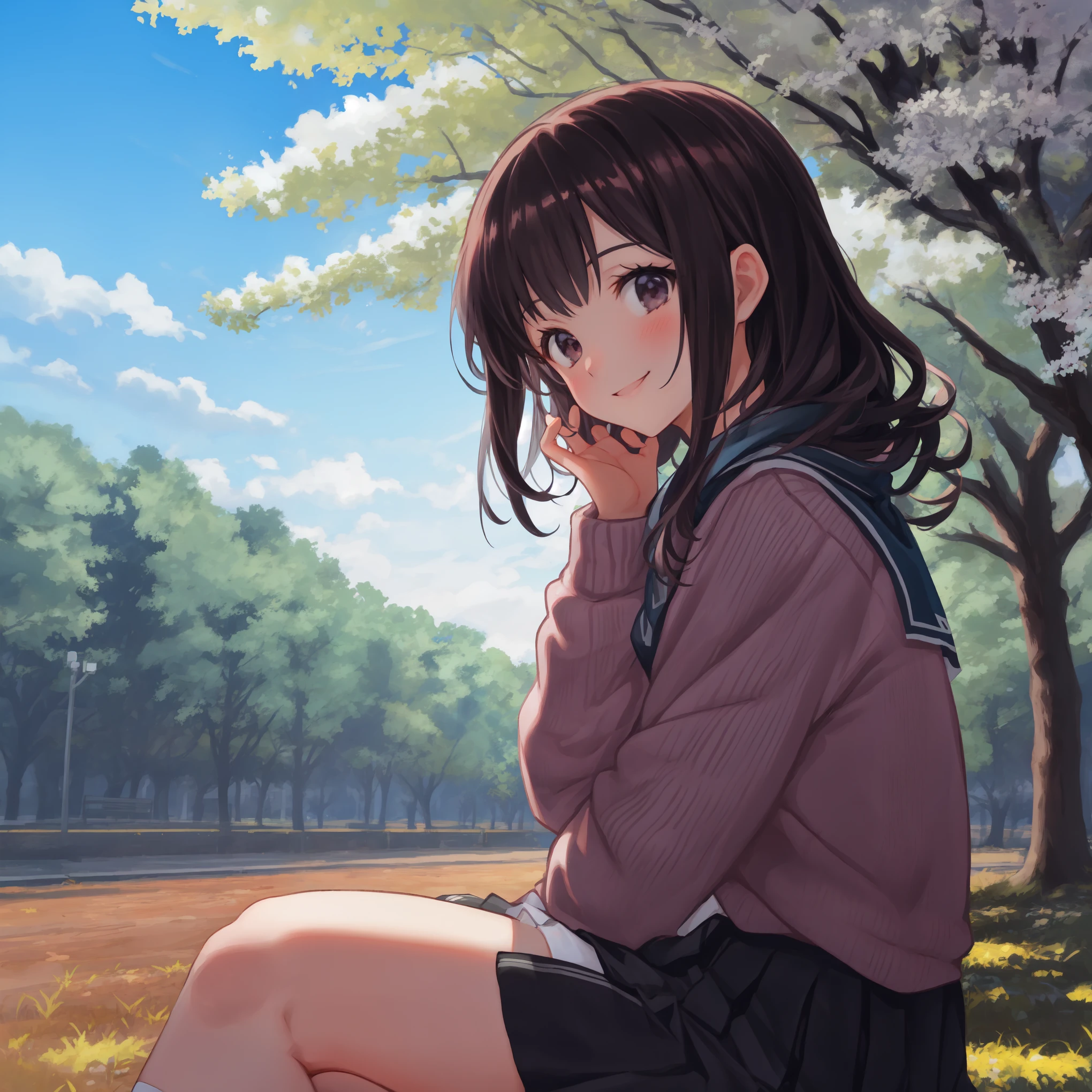 beautiful illustrations, highest quality, pretty girl,school playground,cherry blossoms,sit,{{high , over size sweater,Beautiful medium sized breasts:4,blue pleated skirt}},{{look far away}},{{spiral curl dark brown hair}},BREAK,smile,high school girl,high quality panties,white knee socks,High quality thighs,151cm,{{beautiful eye1:4}},BREAK,five fingers,BREAK,{{look far away}},