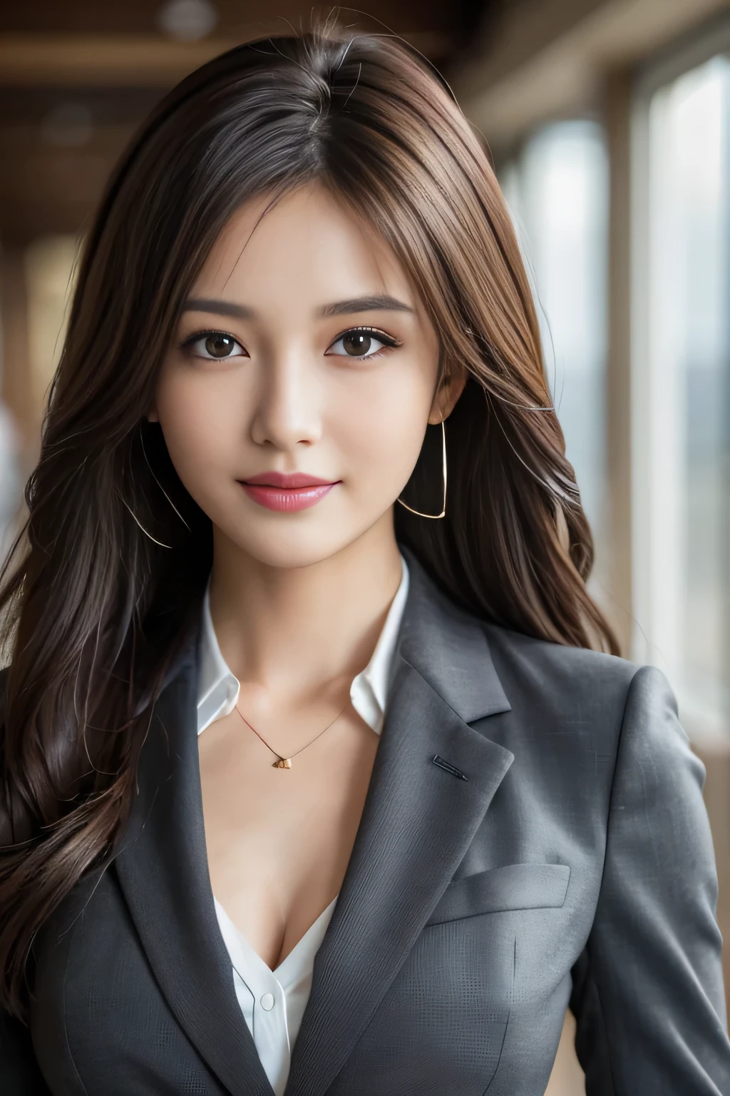 table top, highest quality, realistic, Super detailed, finely, High resolution, 8k wallpaper, 1 beautiful woman,, light brown messy hair, wearing a business suit, sharp focus, perfect dynamic composition, beautiful and detailed eyes, thin hair, Detailed realistic skin texture, smile, close-up portrait, model body shape