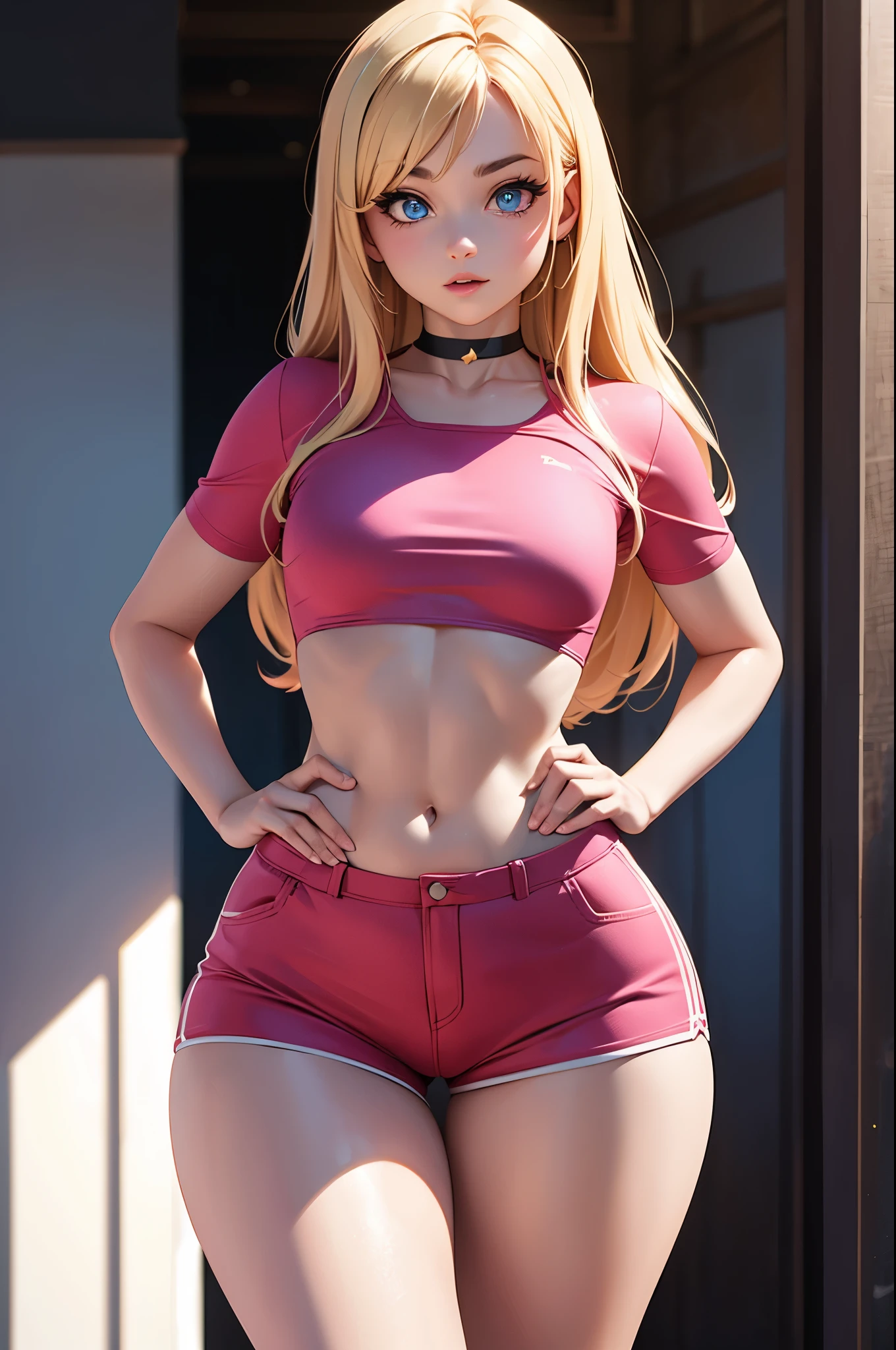 ((masterpiece, best quality;1.3)), ultra detailed, 8k unity wallpapers, CG, ray tracing, illustration, colorful, cinematic shadow, extremely detailed and beautiful background,vhd,extremely detailed and beautifuleyes ,shadering VRay,RT, long blonde hair, blue eyes,small breasts, small waist, large hips, big thighs, thick thighs, big ass, exposed midriff, exposed arms, cute, pink clothes, pink choker, short shorts, showing backside, showing ass, house