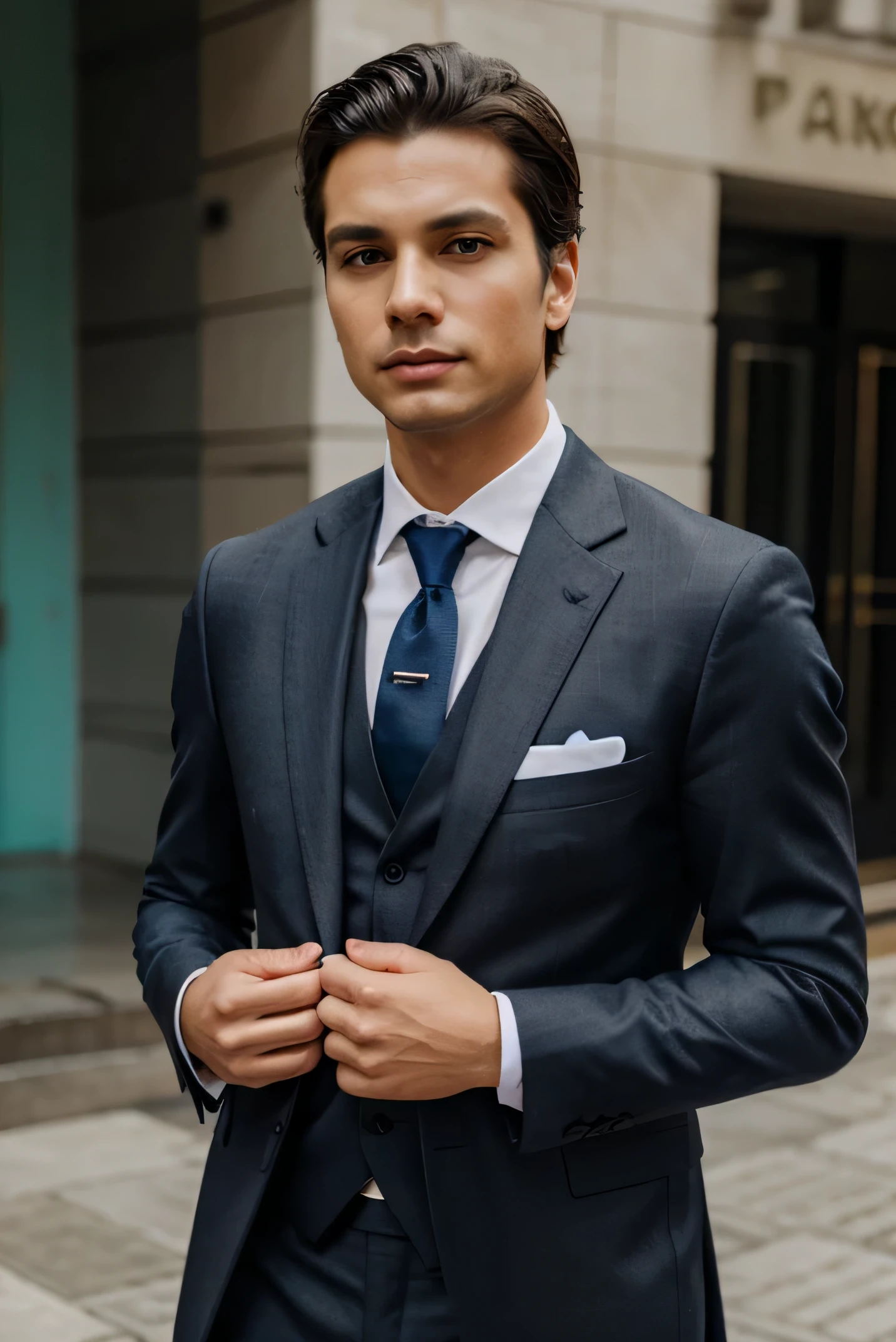 Para este segmento, el reportero lleva un traje formal pero moderno, with a touch of sophistication. Puede usar un traje entallado en tonos oscuros, como negro, gris o azul marino, combinado con una camisa blanca o de color claro. Puede optar por accesorios discretos, such as a contemporary designed tie or matching pocket square.