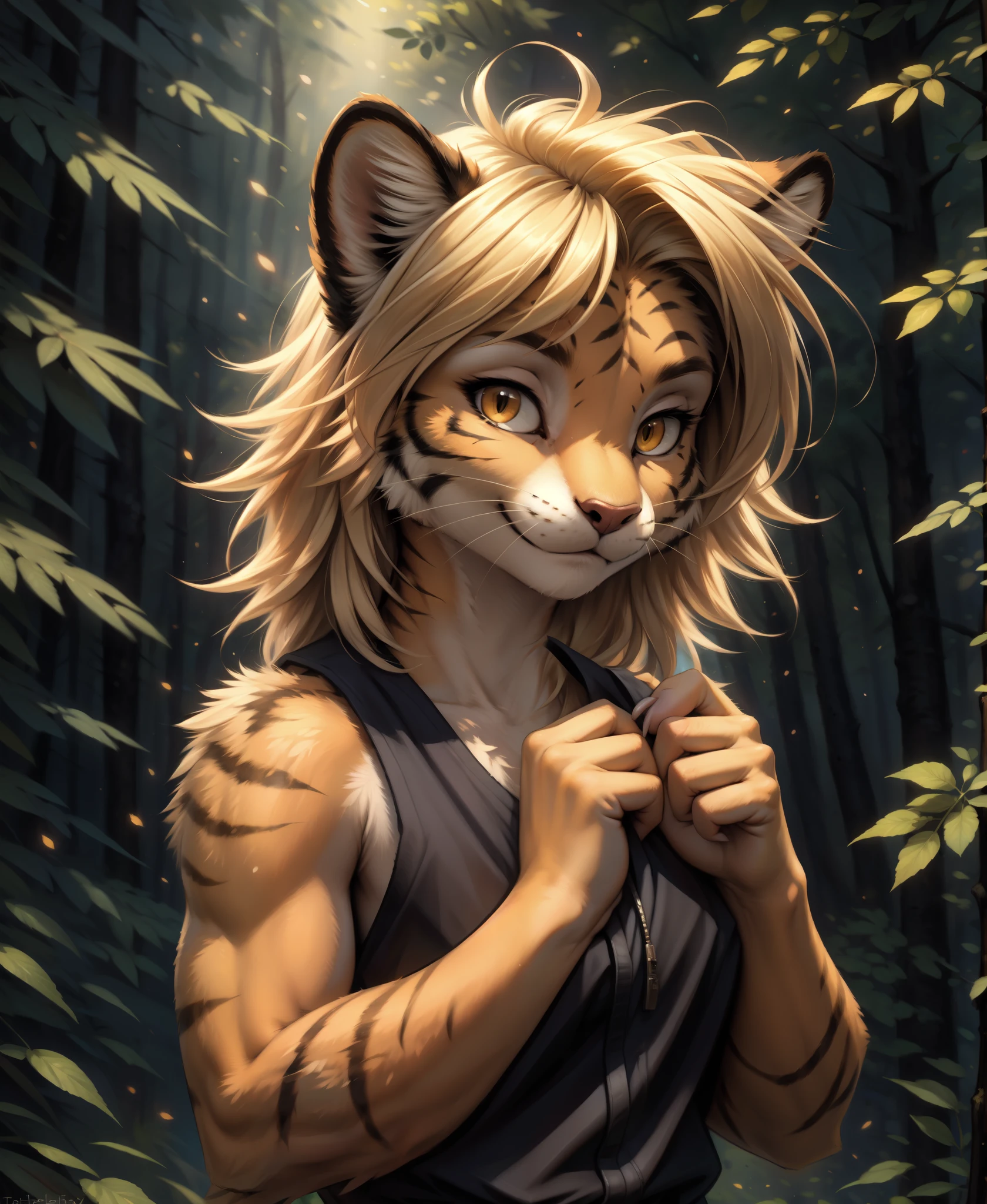 by kenket, by totesfleisch8, (by thebigslick, by silverfox5213:0.8), (by syuro:0.2),, ivy-twokinds, twokinds, (best quality, masterpiece:1), solo, furry female anthro, yellow eyes, blond hair, medium hair, tiger tail, finger claws, portrait, looking at viewer, (outdoors dark forest trees blurry blurred background:1.1), 