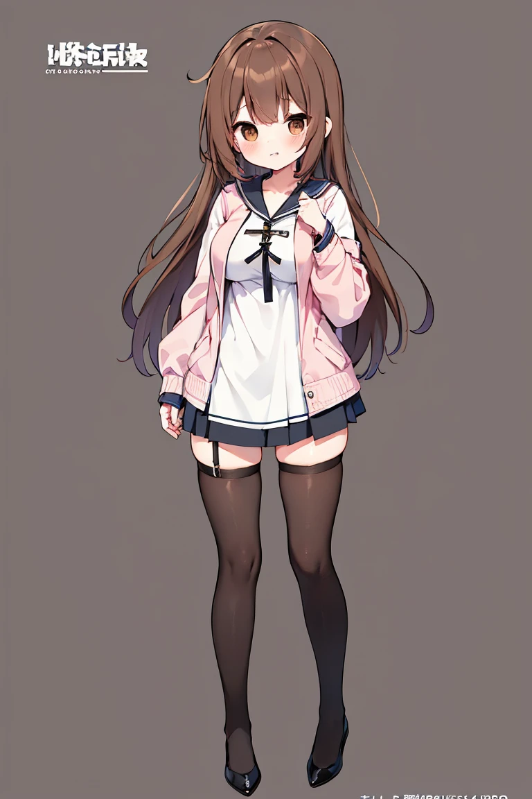"anime girl, 1 person, brown hair, brown eyes, stockings, big breasts, solo, standing cross-legged, chibi,full body(full HD 4K+ image)" front view