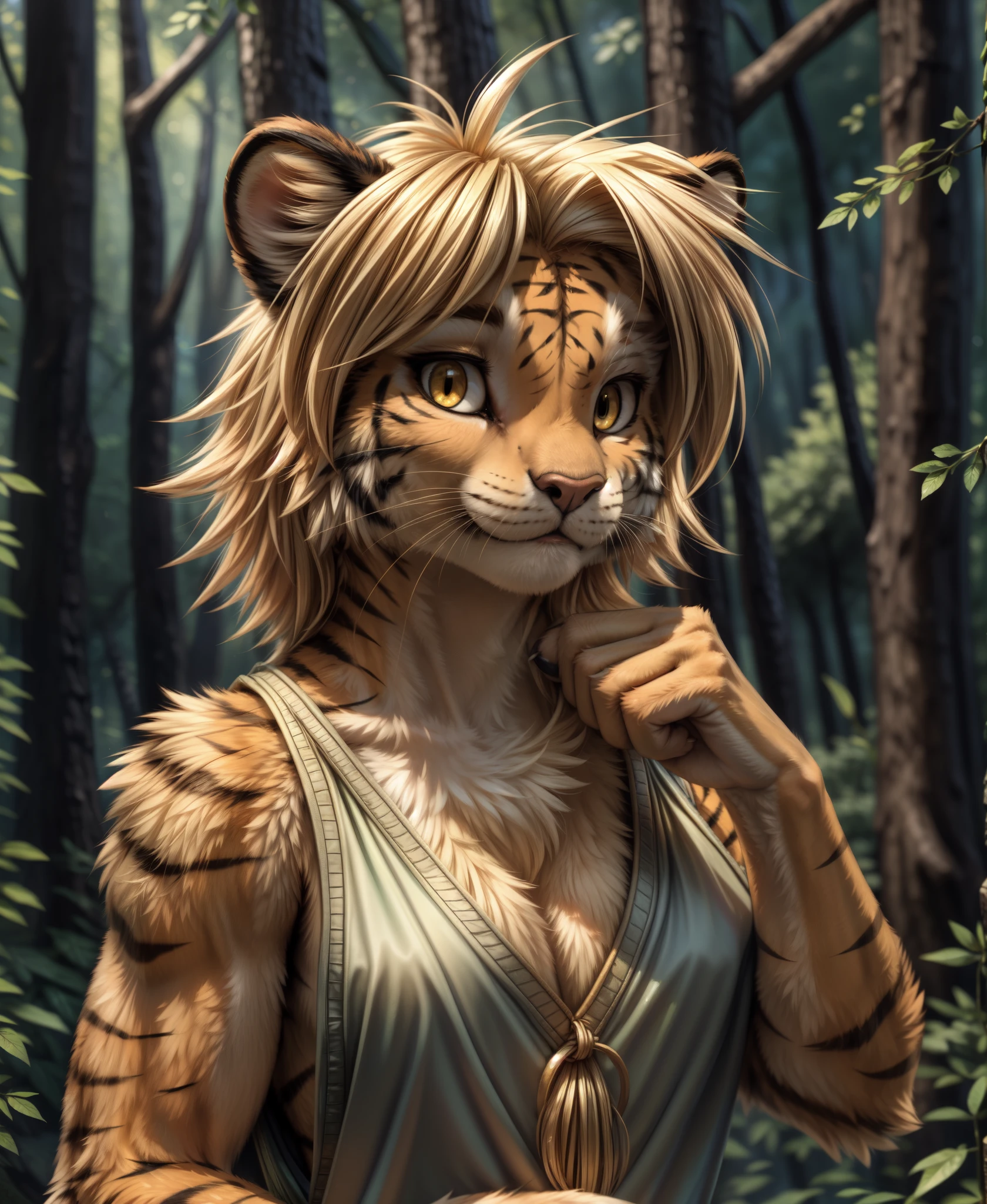 by kenket, by totesfleisch8, (by thebigslick, by silverfox5213:0.8), (by syuro:0.2),, ivy-twokinds, twokinds, (best quality, masterpiece:1), solo, furry female anthro, yellow eyes, blond hair, medium hair, tiger tail, finger claws, portrait, looking at viewer, (outdoors dark forest trees blurry blurred background:1.1), 